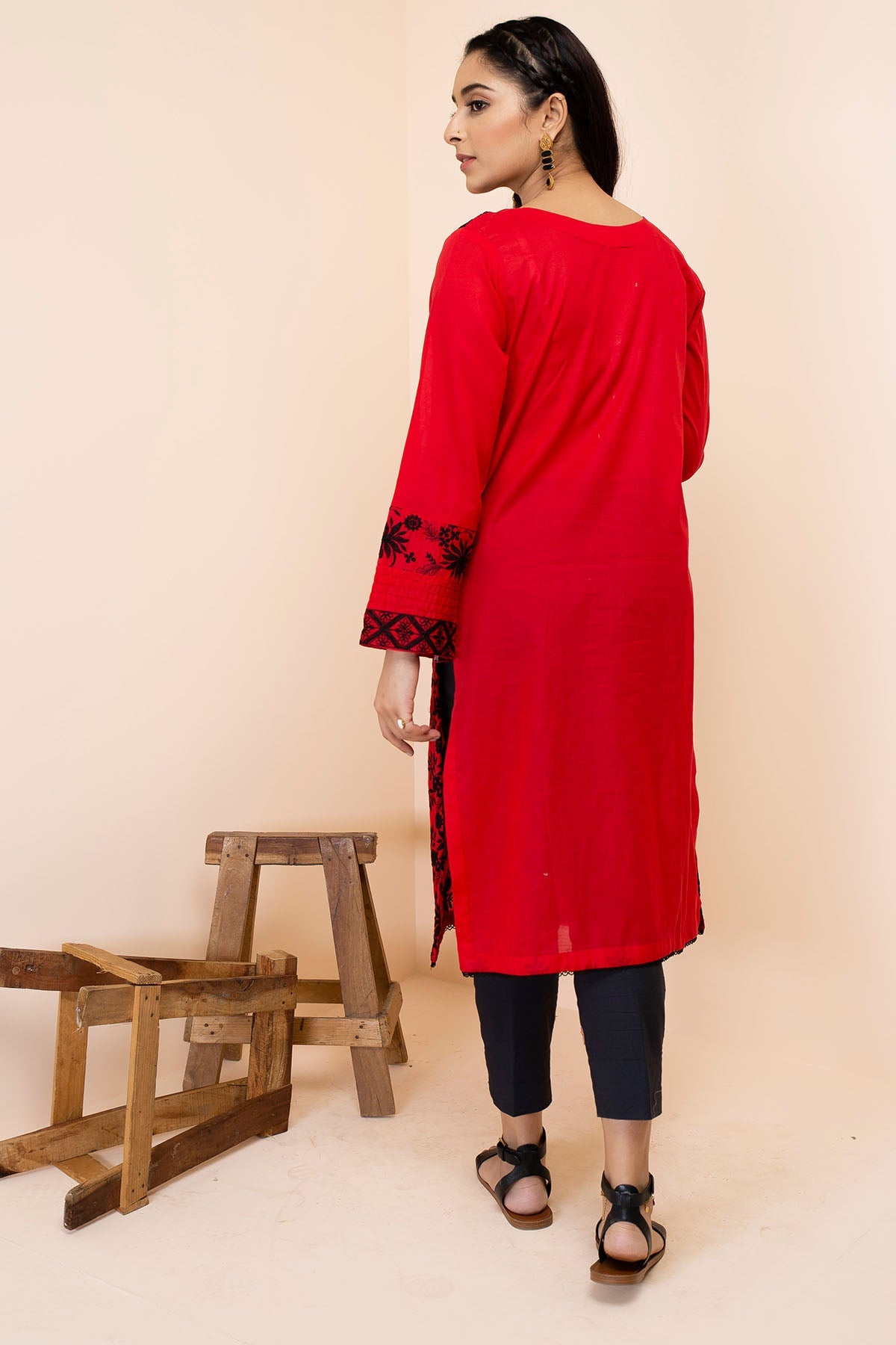 2493-RED-ROSE EMBROIDERED LAWN STITCHED