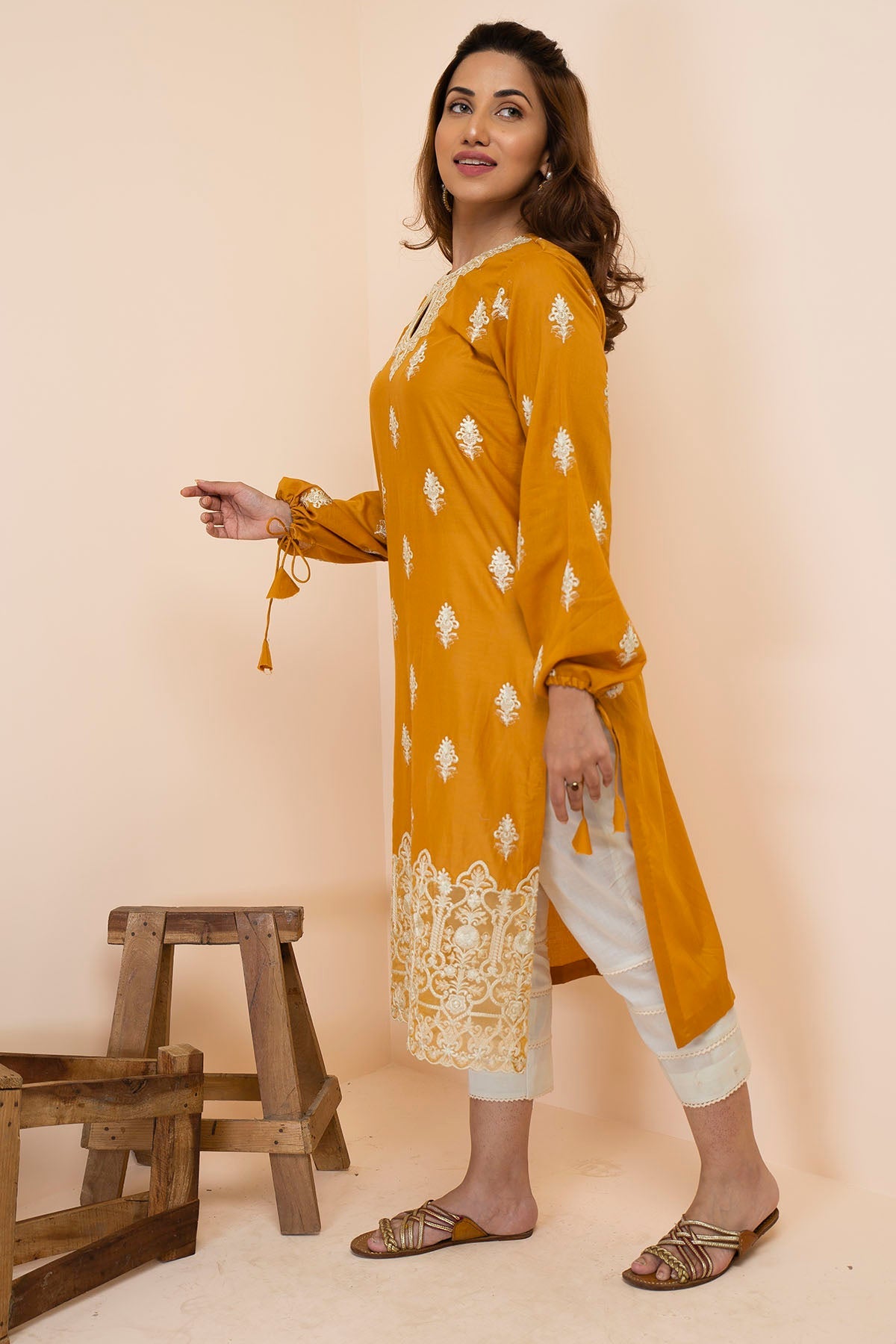 2498-MUSTARD-FIRE EMBROIDERED LAWN STITCHED