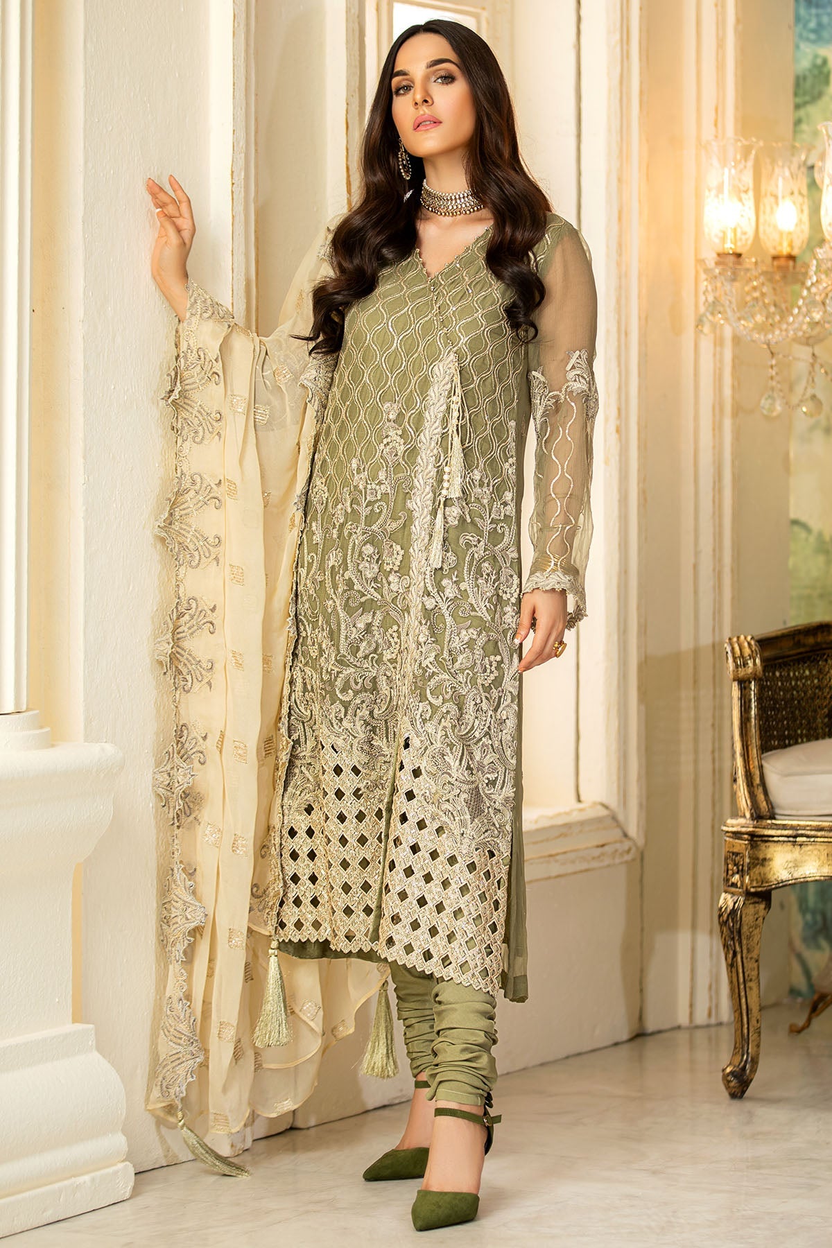 2573-GREEN-SMOKE EMBROIDERED BEMBERG CHIFFON UNSTITCHED