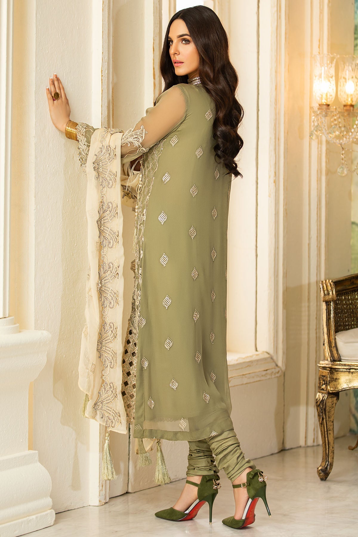 2573-GREEN-SMOKE EMBROIDERED BEMBERG CHIFFON UNSTITCHED