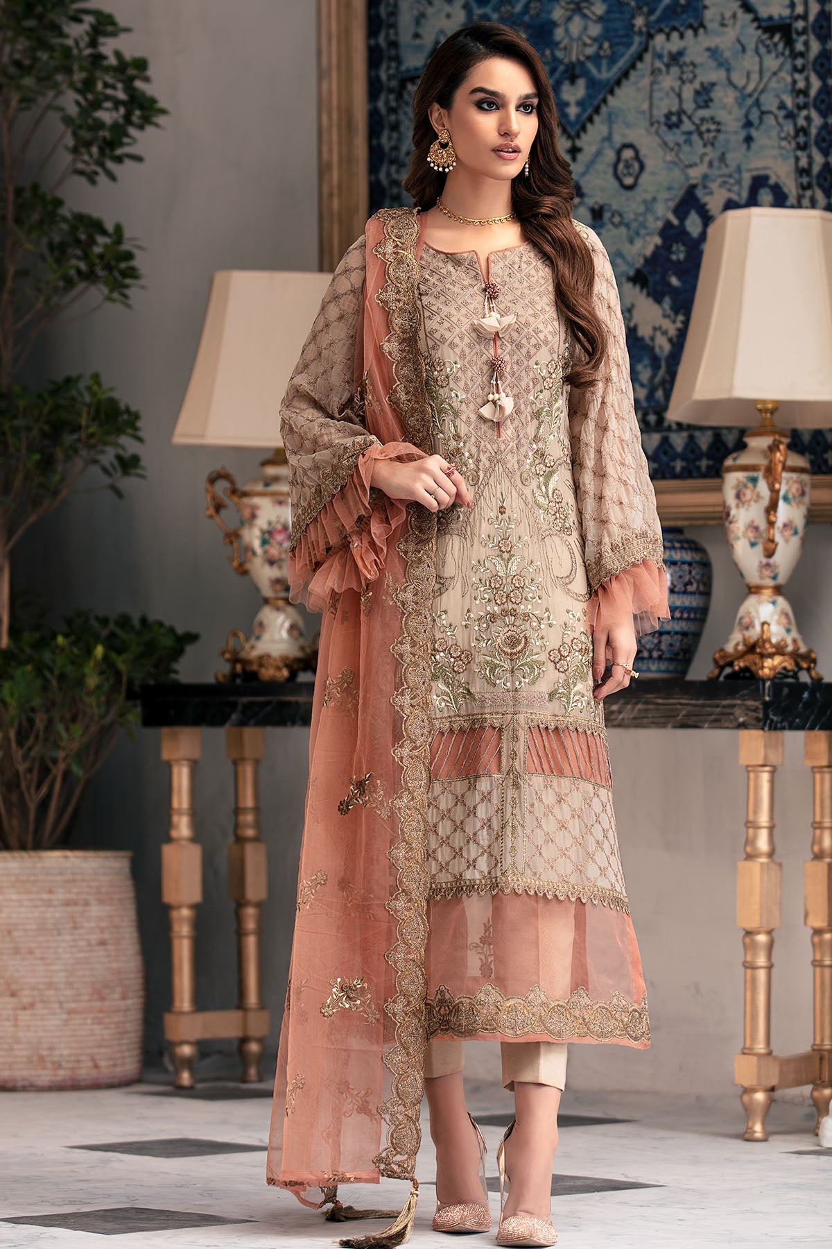 2648-TOFFEE-CRUNCH EMBROIDERED BEMBERG CHIFFON UNSTITCHED