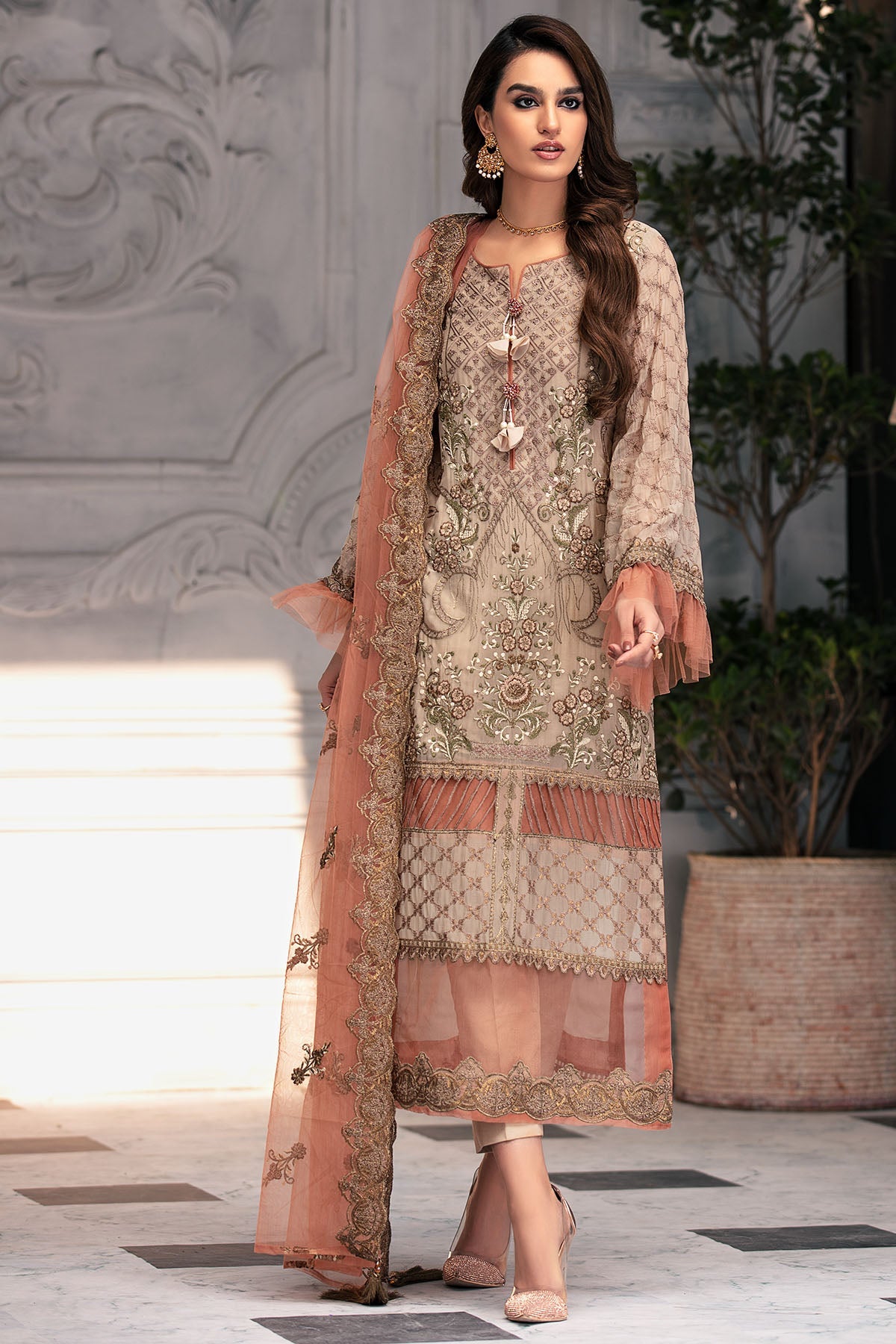2648-TOFFEE-CRUNCH EMBROIDERED BEMBERG CHIFFON UNSTITCHED
