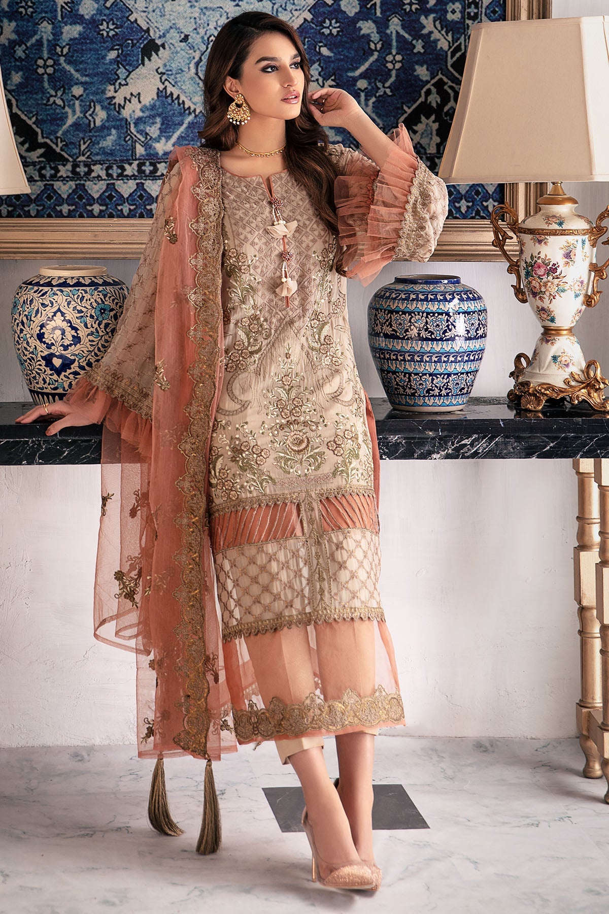 2648-TOFFEE-CRUNCH EMBROIDERED BEMBERG CHIFFON UNSTITCHED