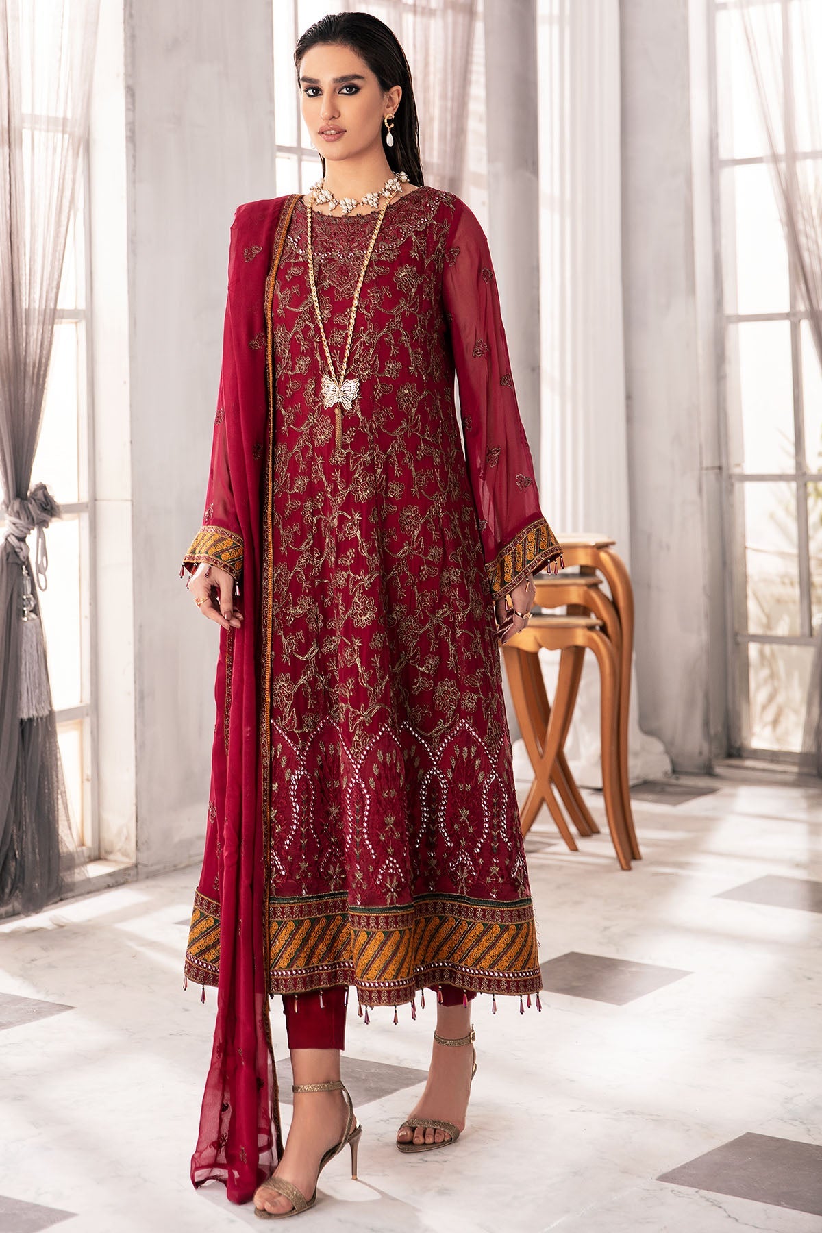 2652-MERLOT EMBROIDERED BEMBERG CHIFFON UNSTITCHED