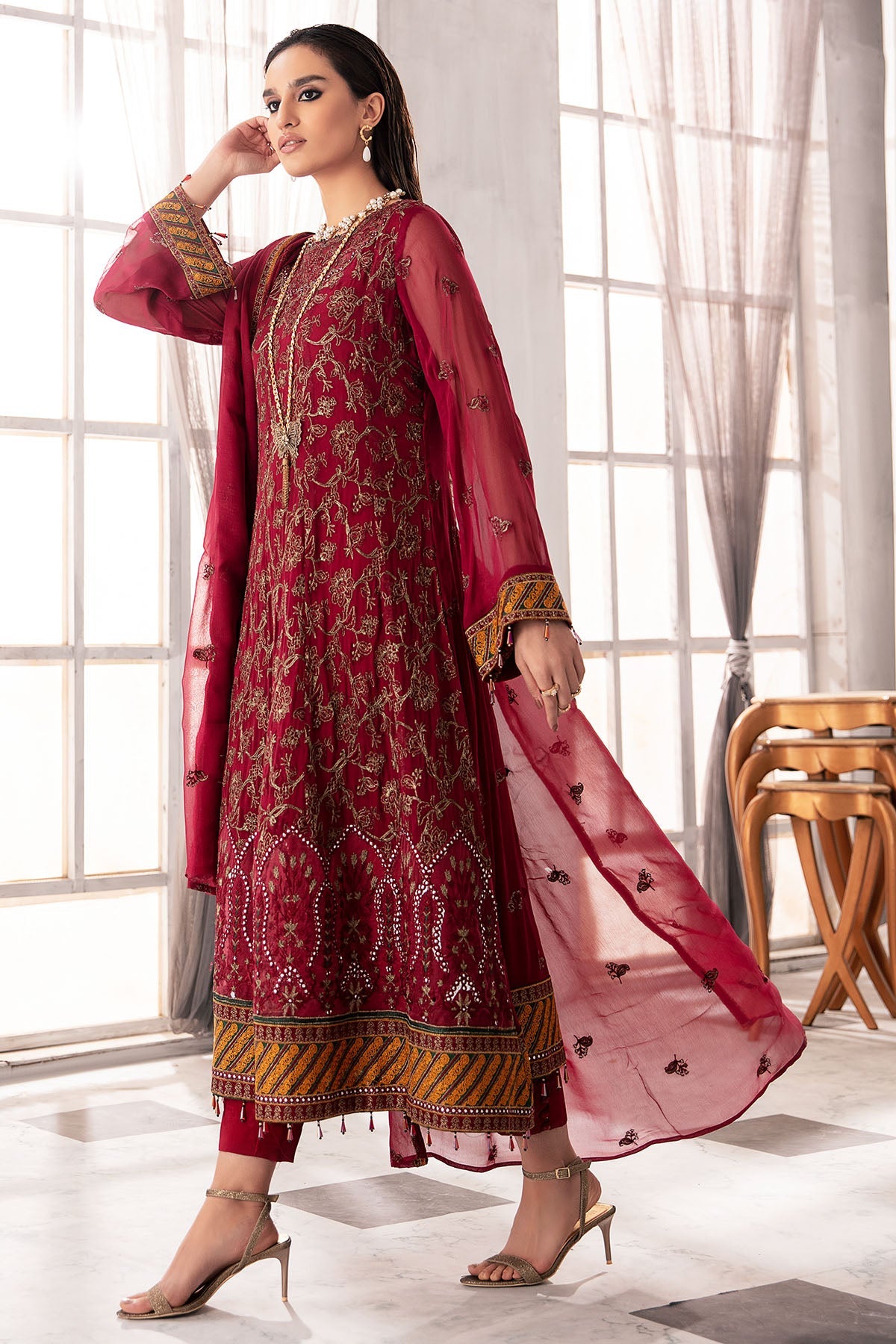 2652-MERLOT EMBROIDERED BEMBERG CHIFFON UNSTITCHED