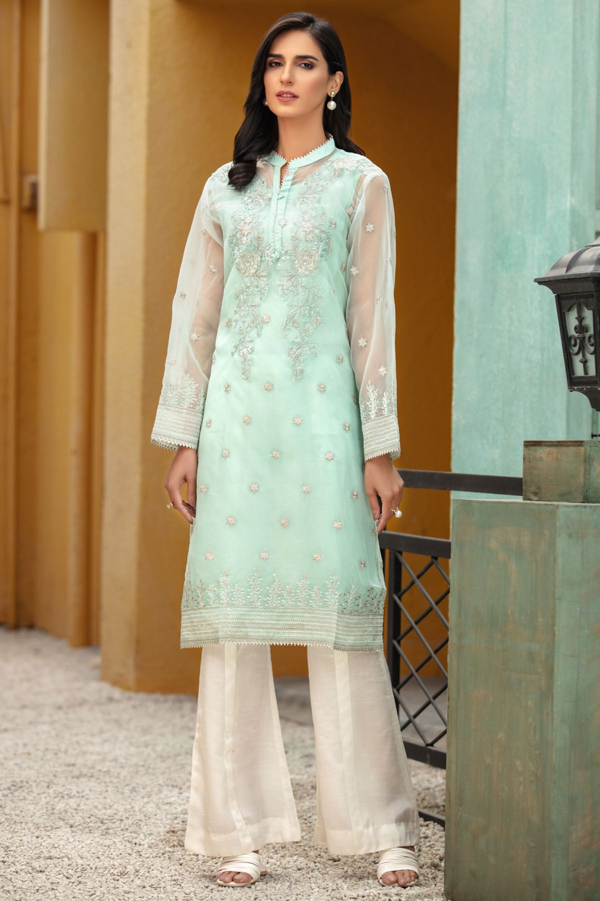 2679-DUSTY-OCEAN EMBROIDERED ORGANZA STITCHED