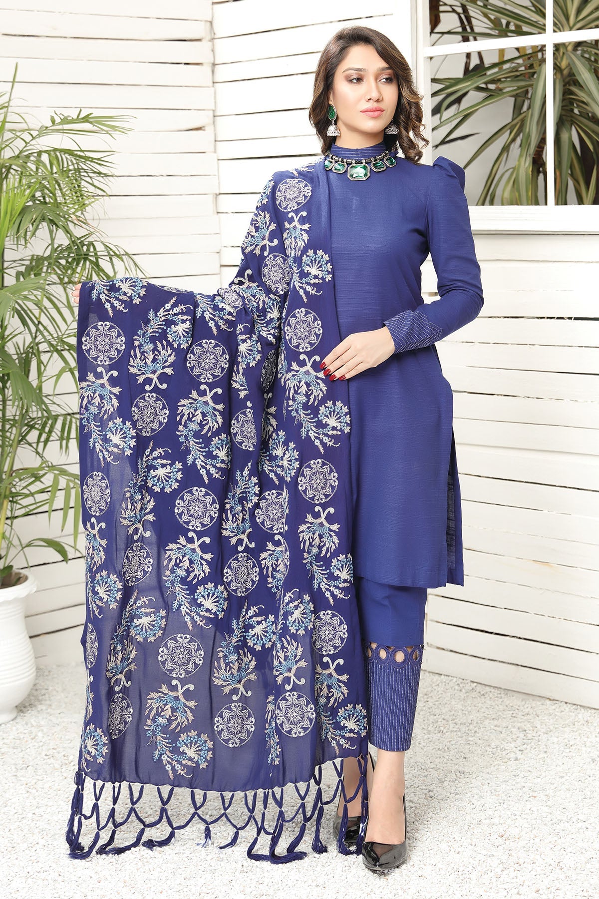 2740-BLUE-SENSATION EMBROIDERED WOOL SHAWL UNSTITCHED