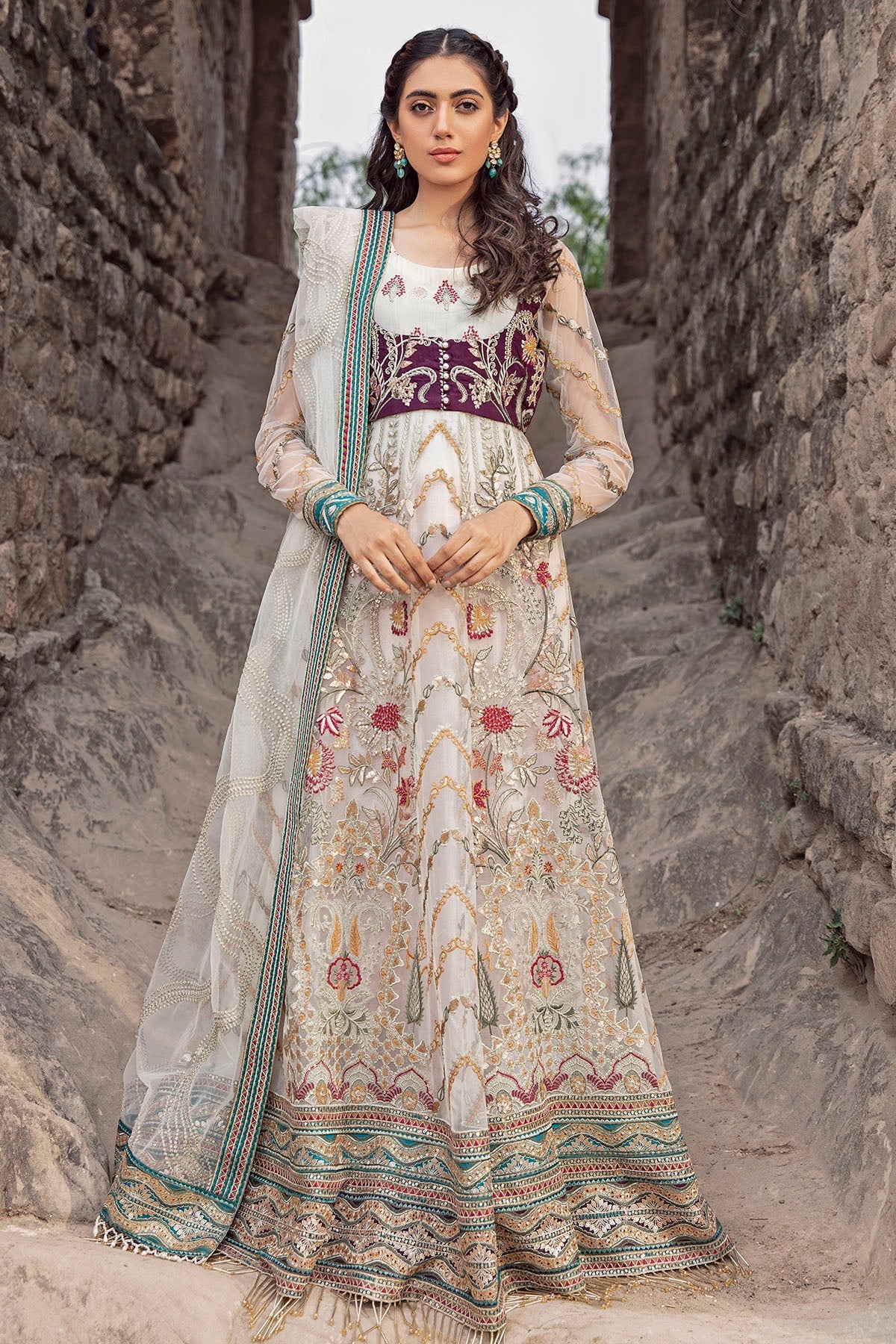 2768-PEARL-LUSTER EMBROIDERED BANARSI NET UNSTITCHED