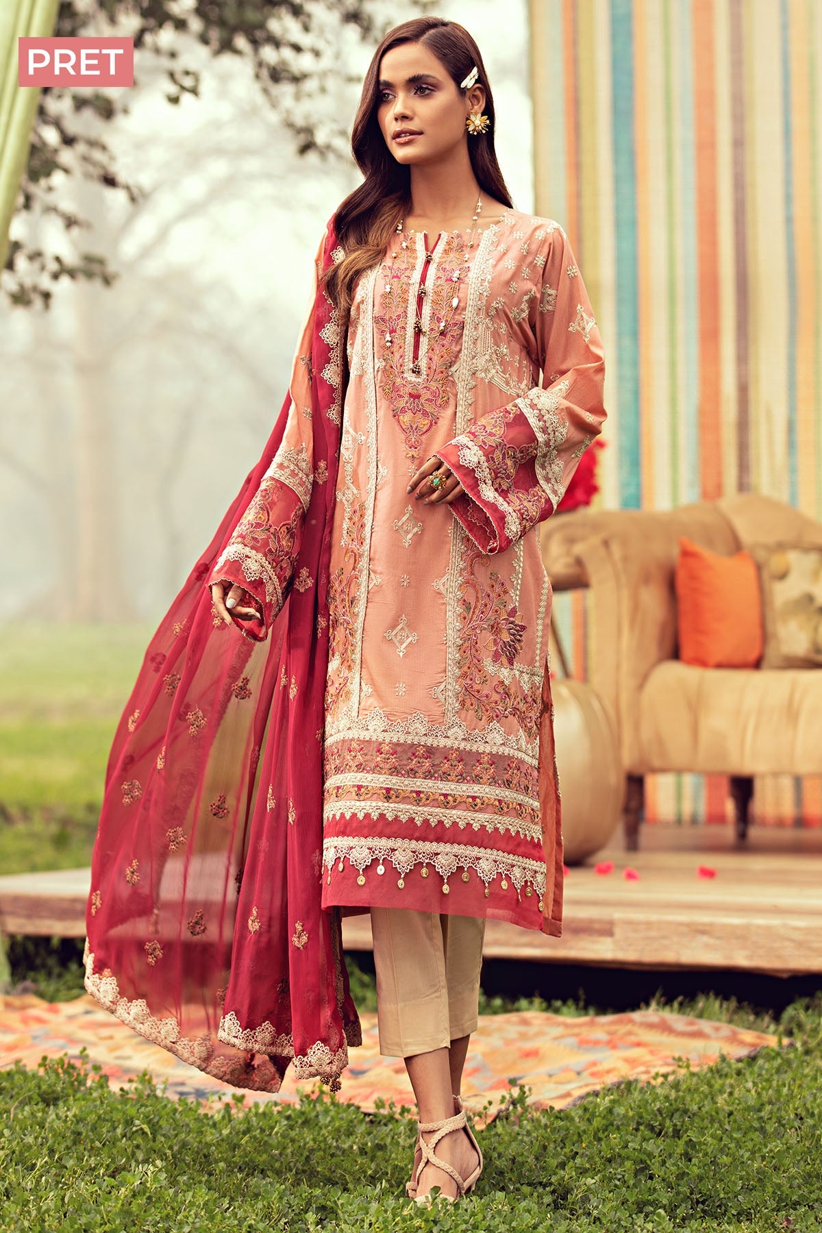 2801-CORAL-PINK EMBROIDERED LAWN STITCHED