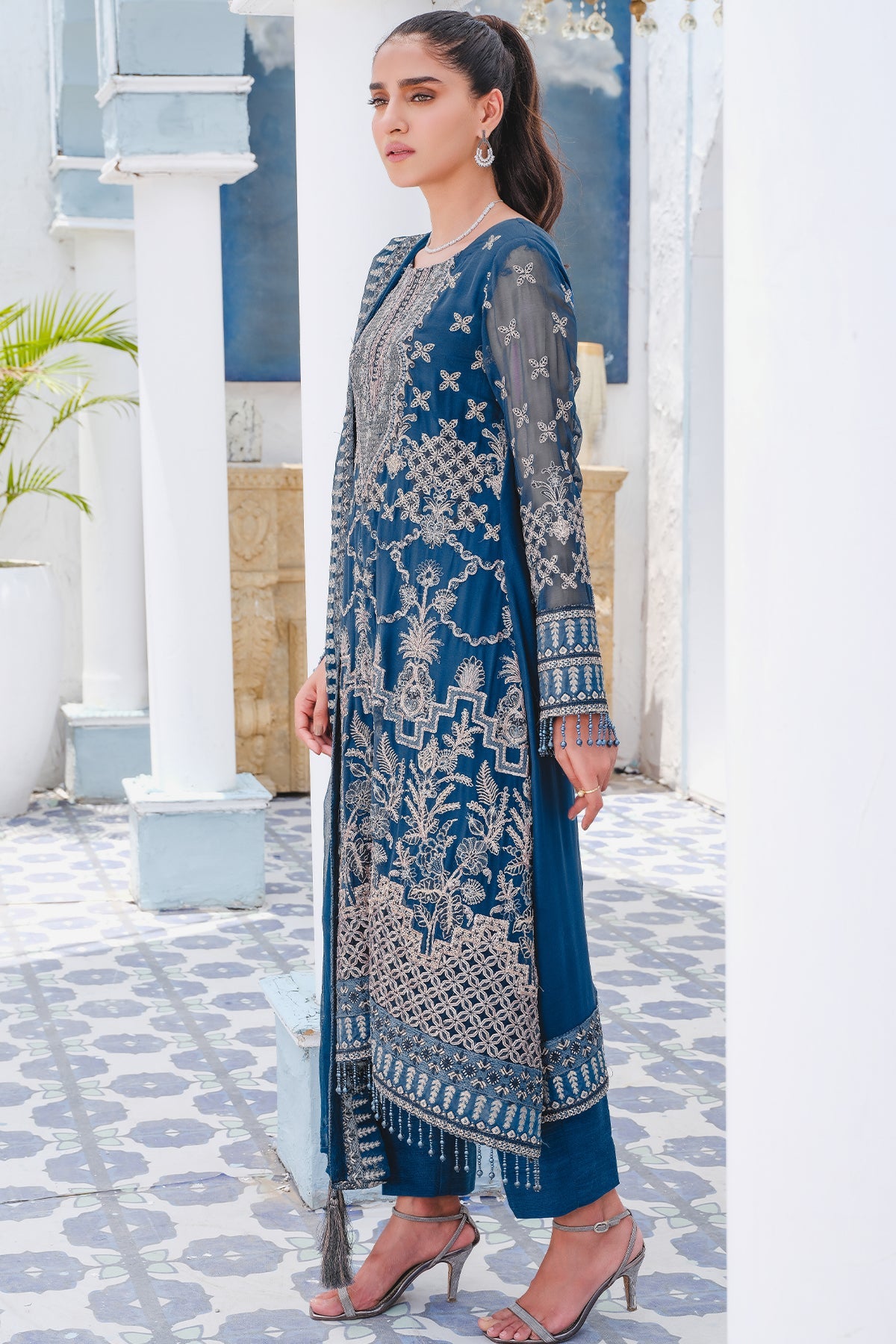 2914-CHINESE-BLUE EMBROIDERED BEMBERG CHIFFON UNSTITCHED