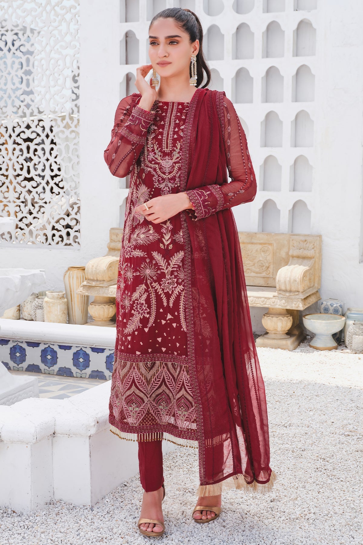 2916-CHERRY-COBBLER EMBROIDERED BEMBERG CHIFFON UNSTITCHED