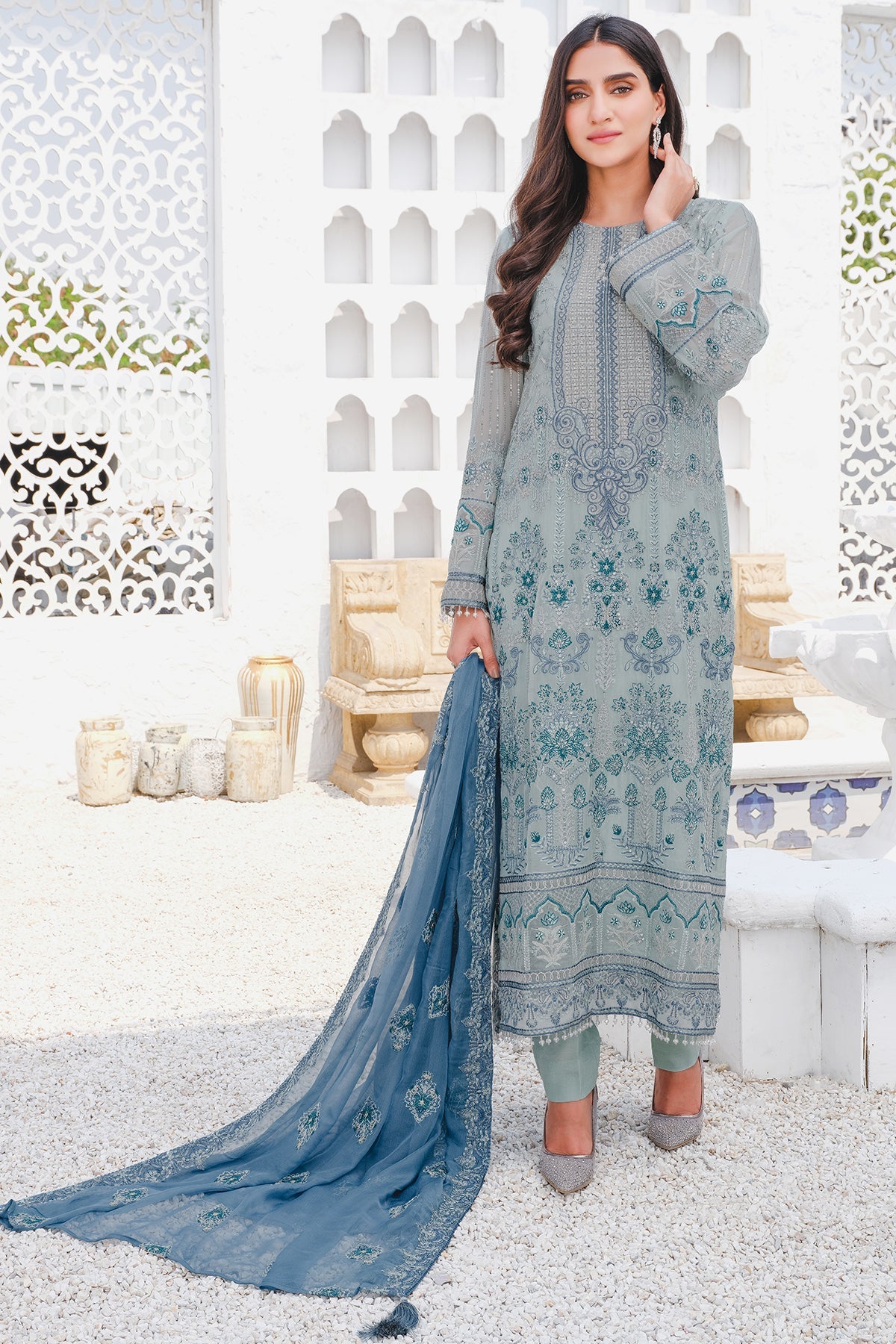 2917-SEA-PEBBLE EMBROIDERED BEMBERG CHIFFON UNSTITCHED
