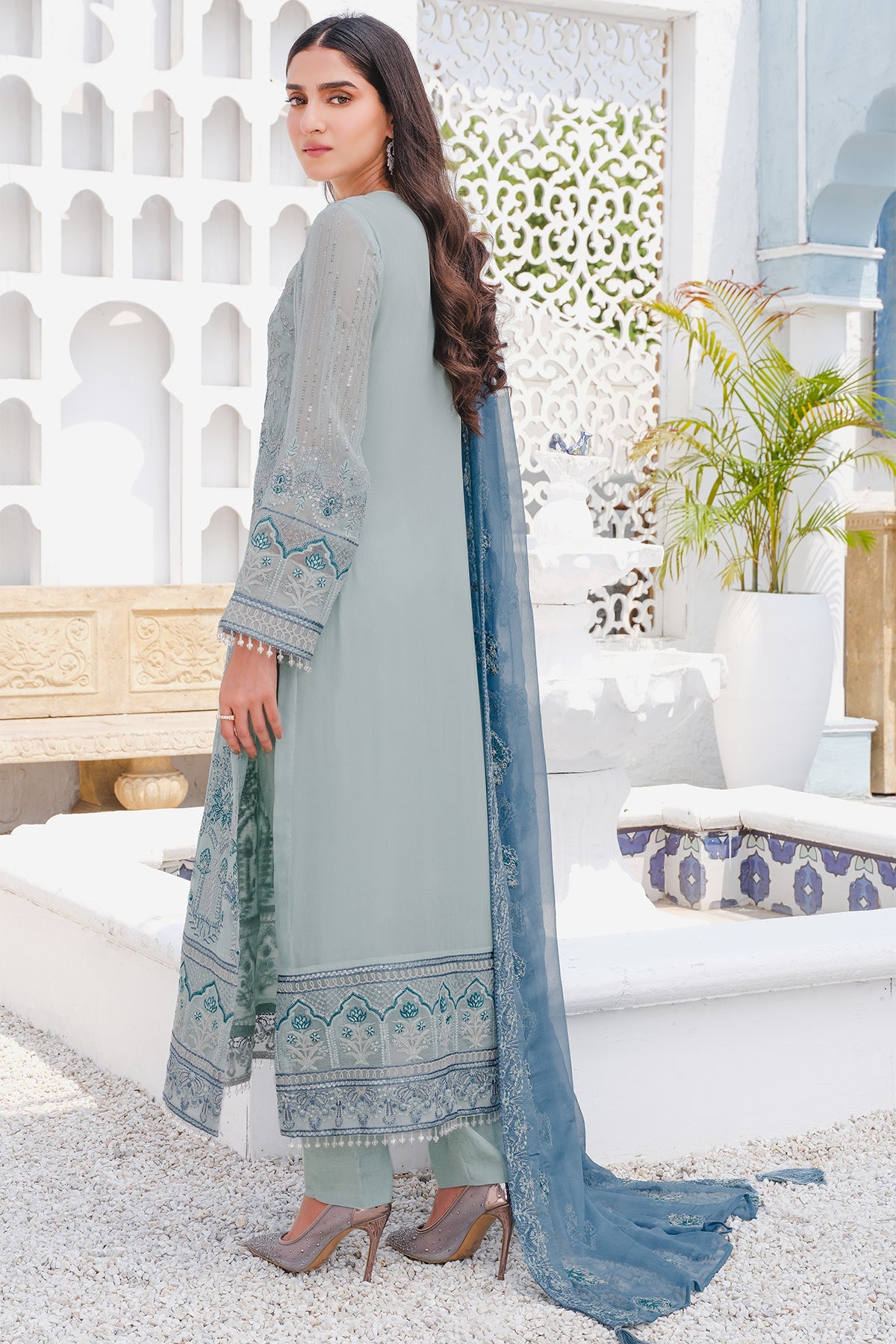 2917-SEA-PEBBLE EMBROIDERED BEMBERG CHIFFON UNSTITCHED