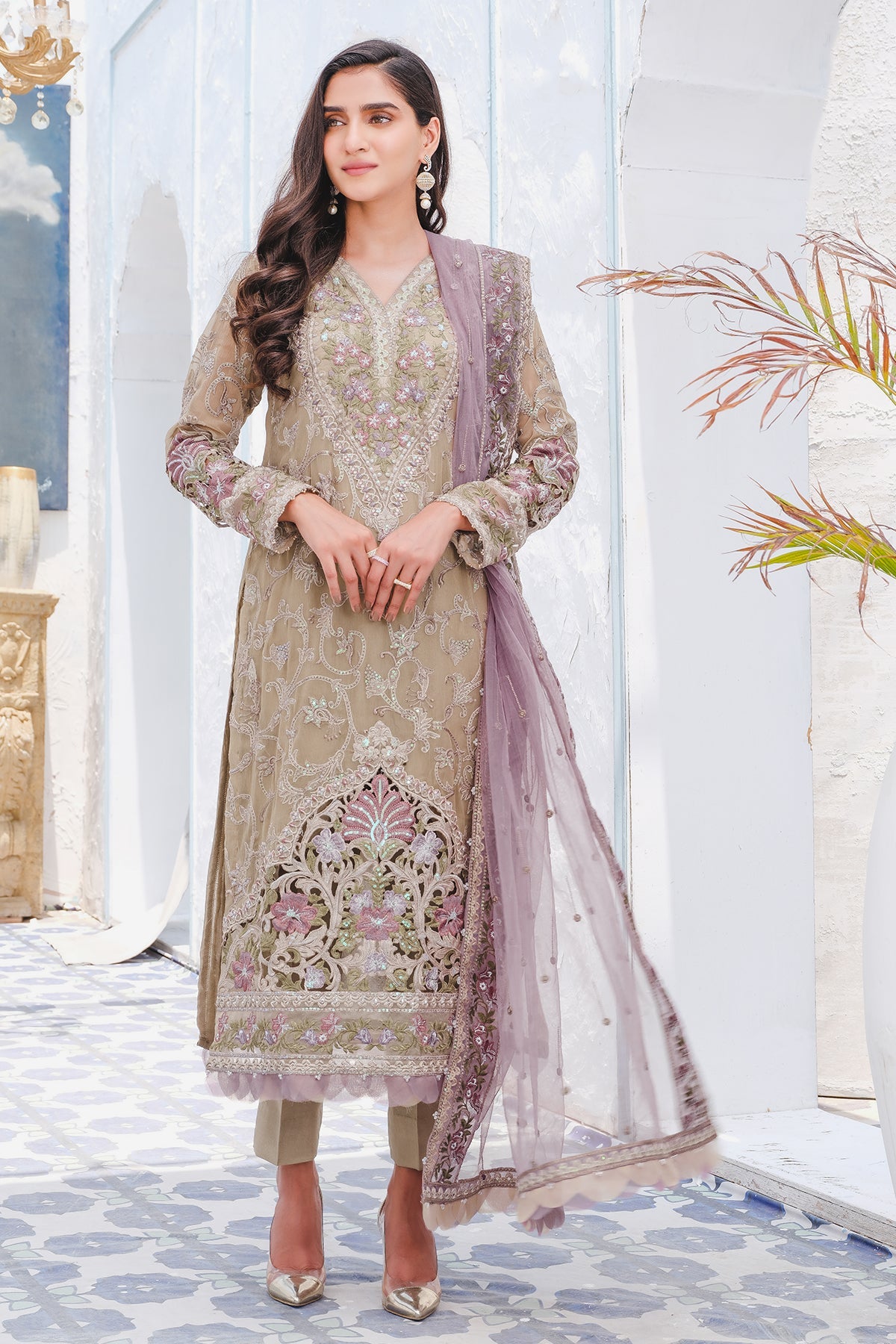 2919-CLARY-SAGE EMBROIDERED BEMBERG CHIFFON UNSTITCHED