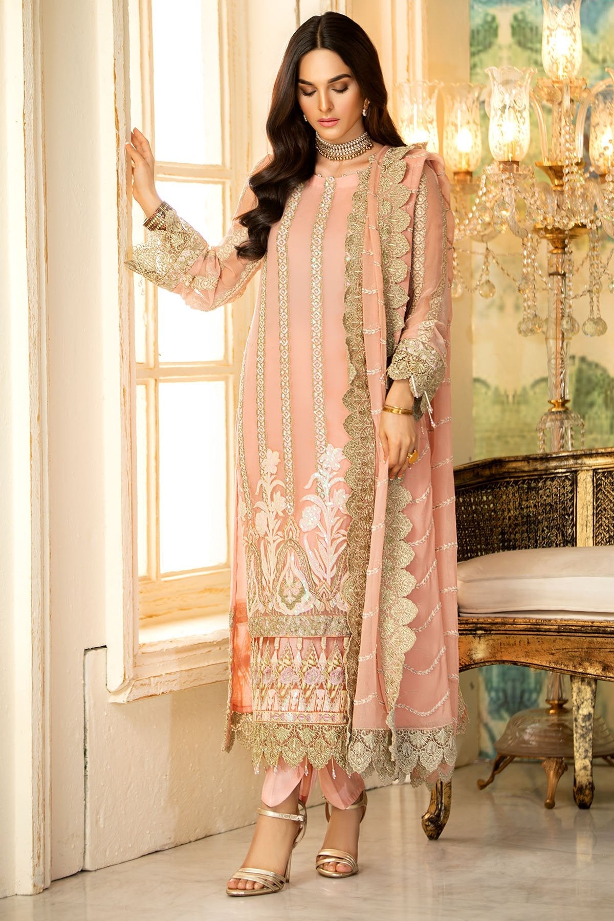 3002-PINK-FLARE EMBROIDERED BEMBERG CHIFFON UNSTITCHED