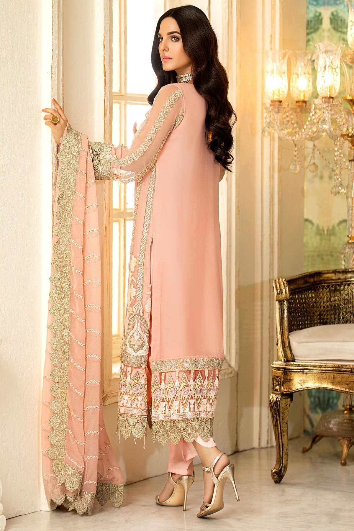 3002-PINK-FLARE EMBROIDERED BEMBERG CHIFFON UNSTITCHED