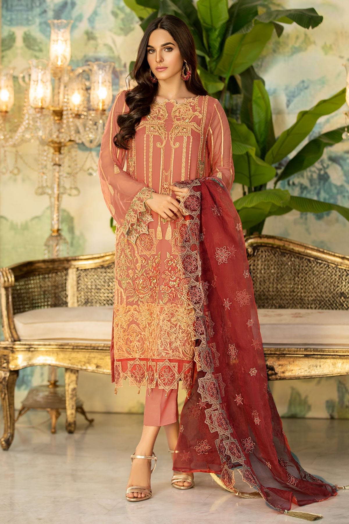 3003-SWEET-PINK EMBROIDERED BEMBERG CHIFFON UNSTITCHED