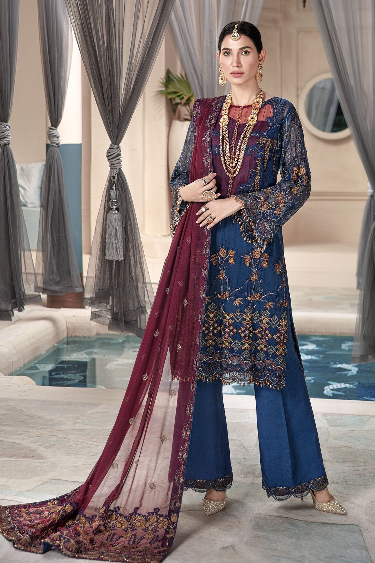 3004-POLO-BLUE EMBROIDERED BEMBERG CHIFFON UNSTITCHED