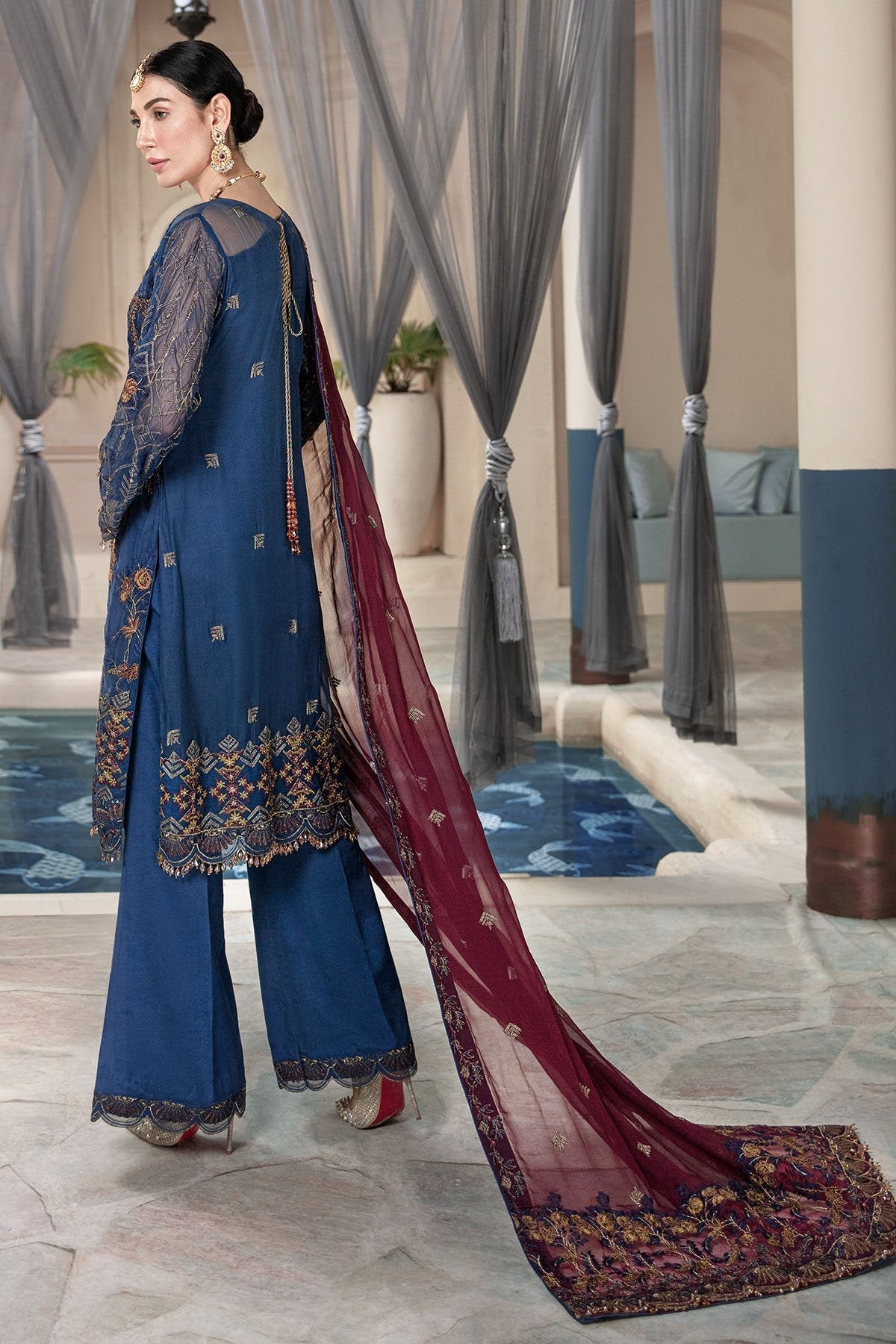 3004-POLO-BLUE EMBROIDERED BEMBERG CHIFFON UNSTITCHED