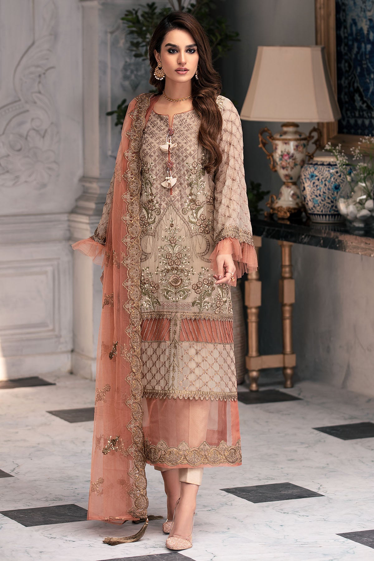 3007-TOFFEE-CRUNCH EMBROIDERED BEMBERG CHIFFON UNSTITCHED