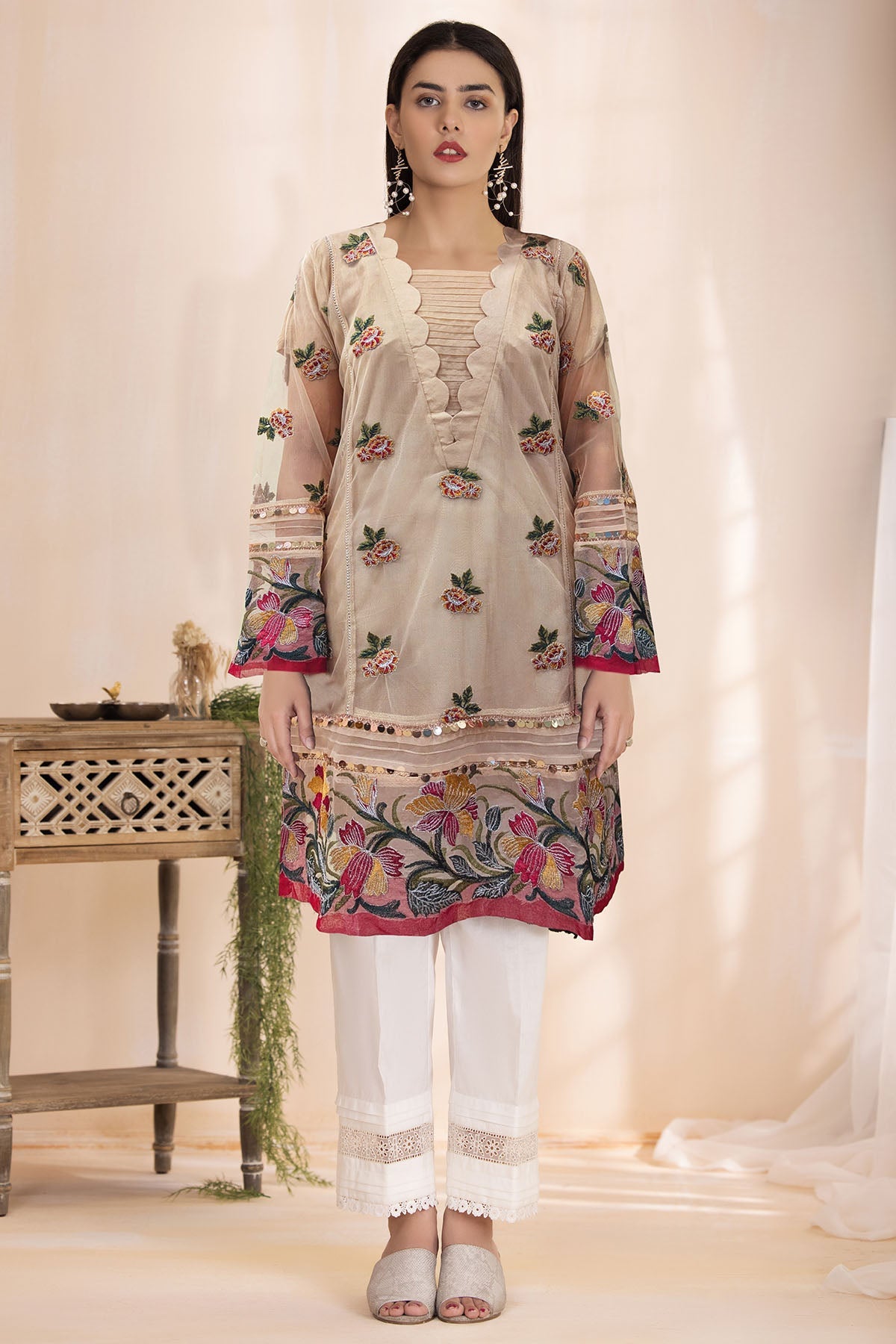 3030-ZARIA EMBROIDERED SILK NET STITCHED