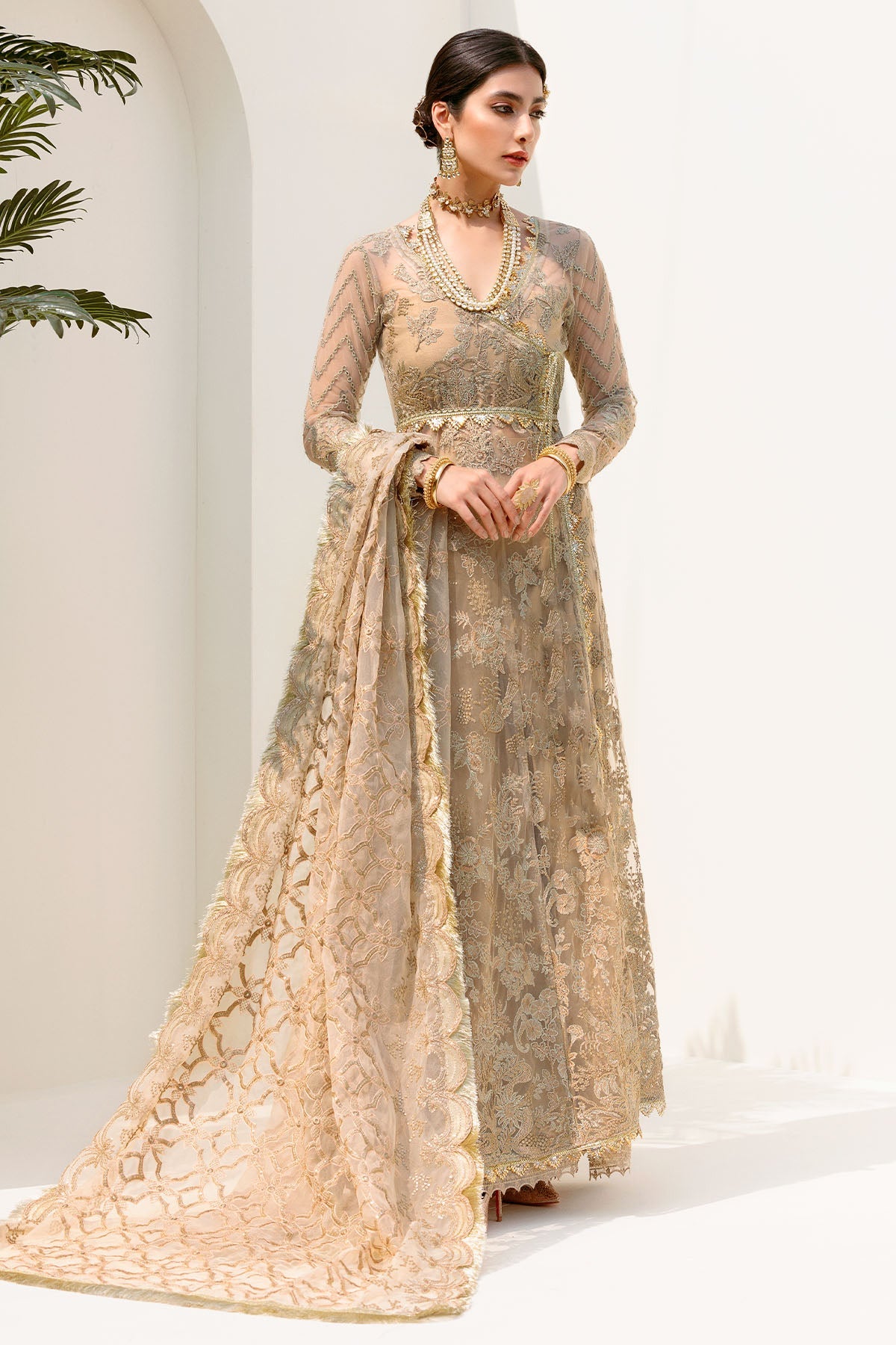 3192-SOFT-GOLD EMBROIDERED SILK NET UNSTITCHED