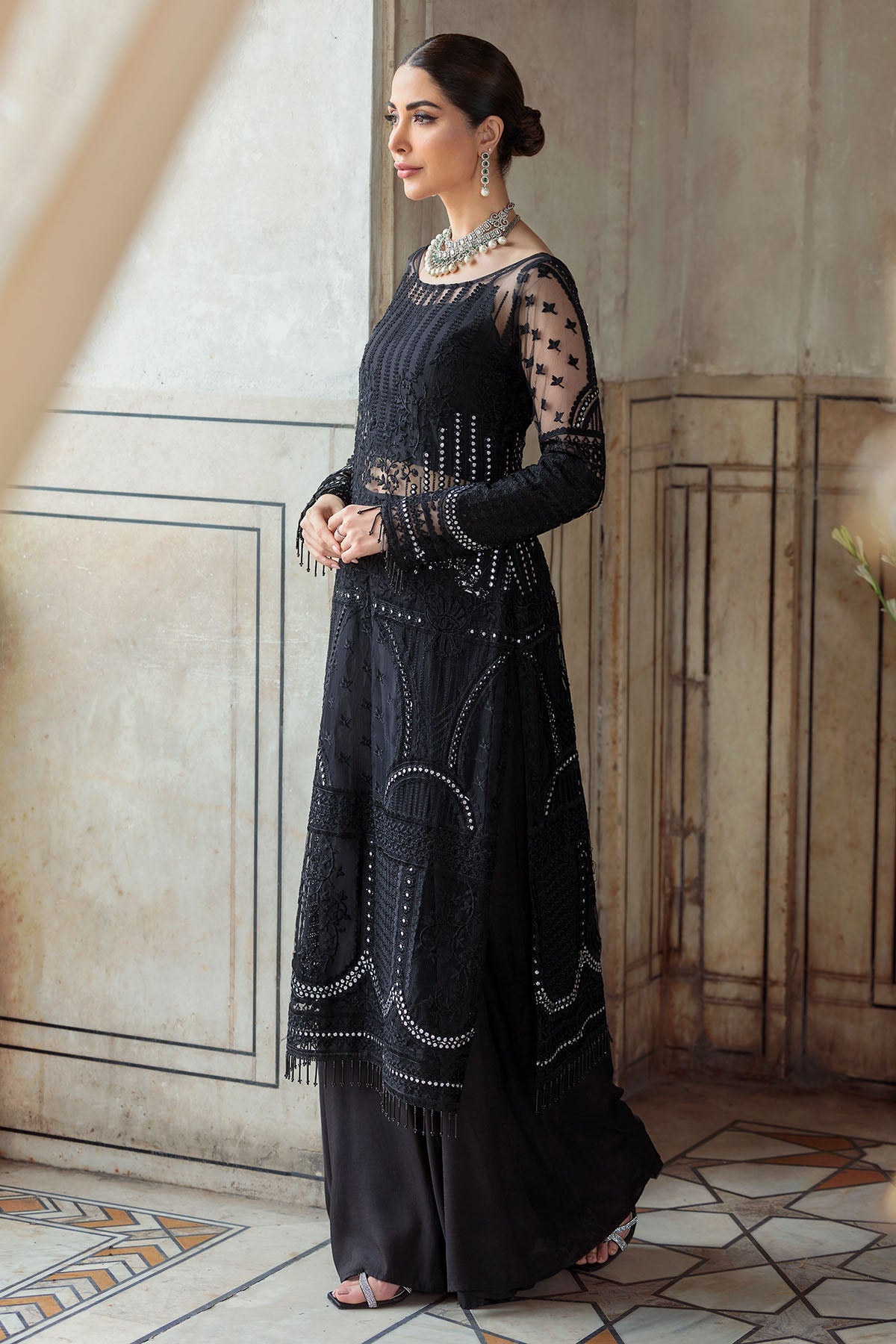 3219-BLACK EMBROIDERED SILK NET FABRIC