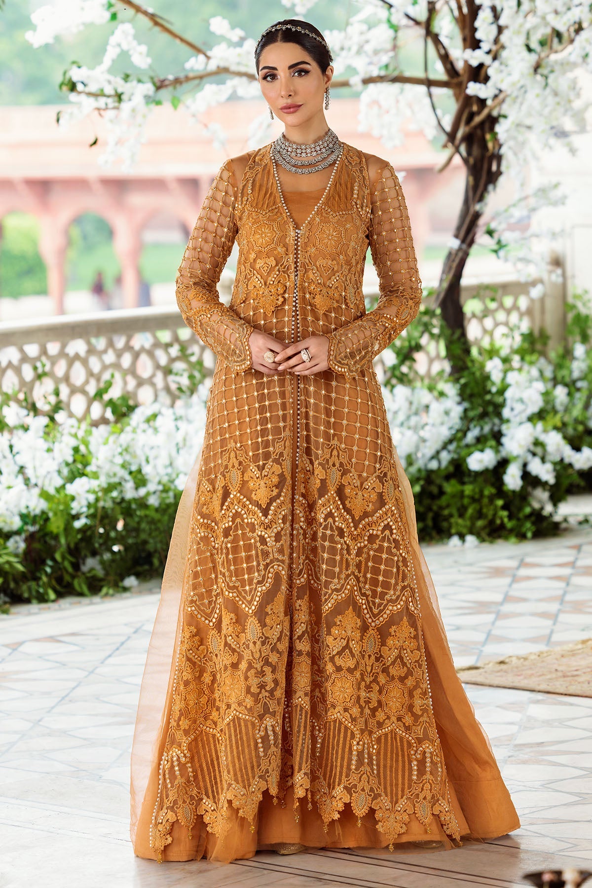 3349-MUSTARD EMBROIDERED SILK NET FABRIC