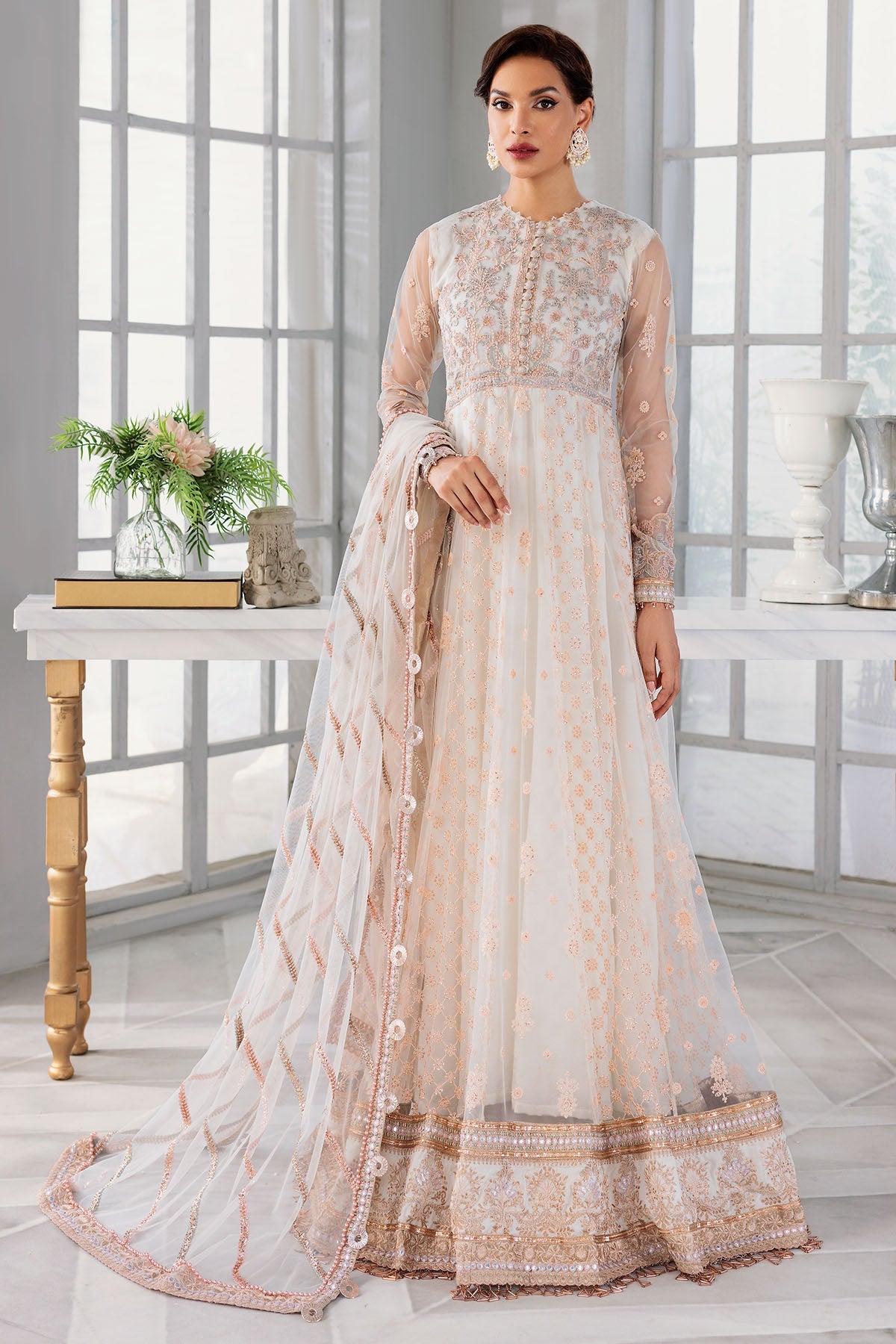 3393-FREESIA EMBROIDERED SILK NET STITCHED