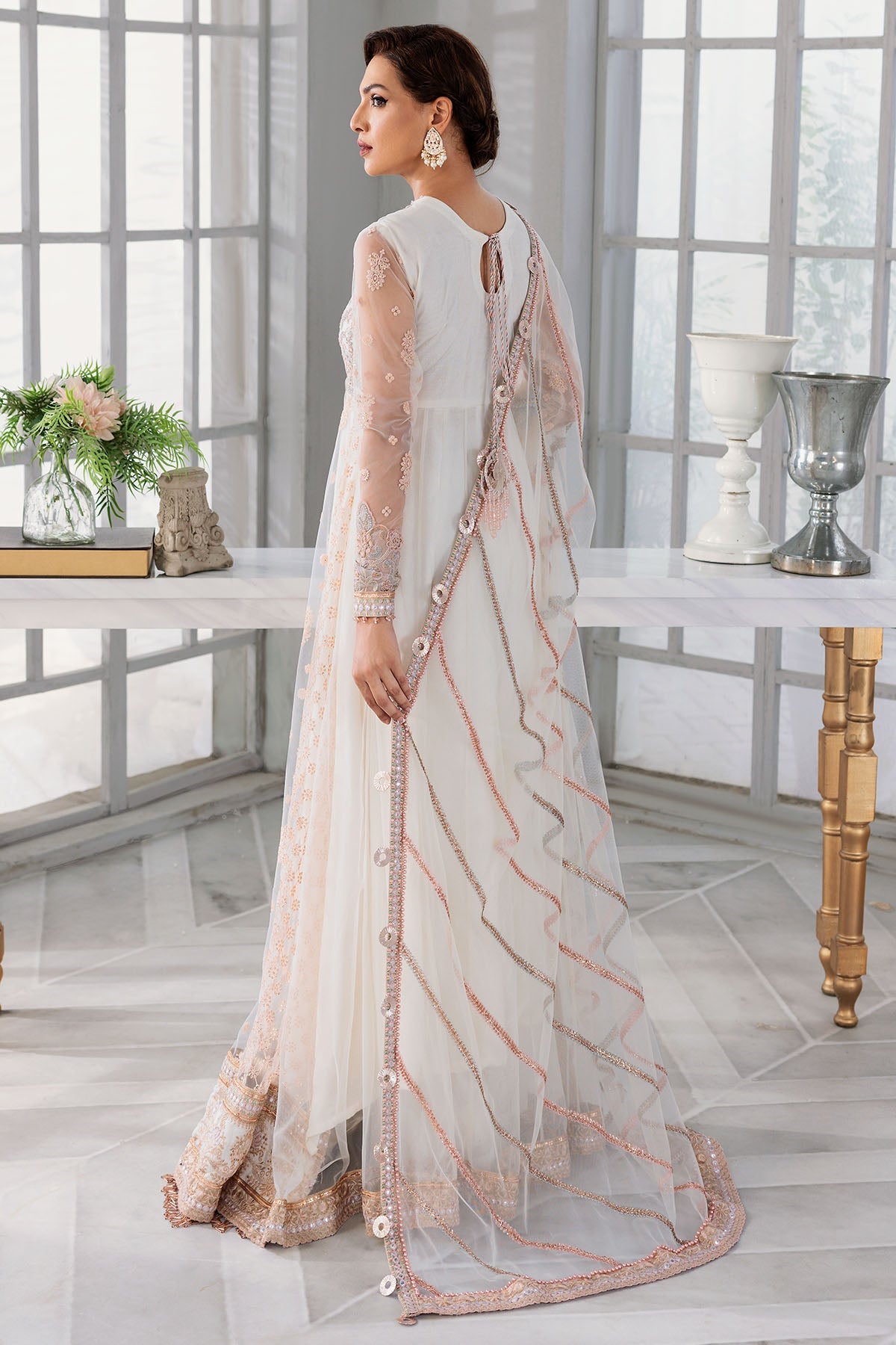 3393-FREESIA EMBROIDERED SILK NET STITCHED