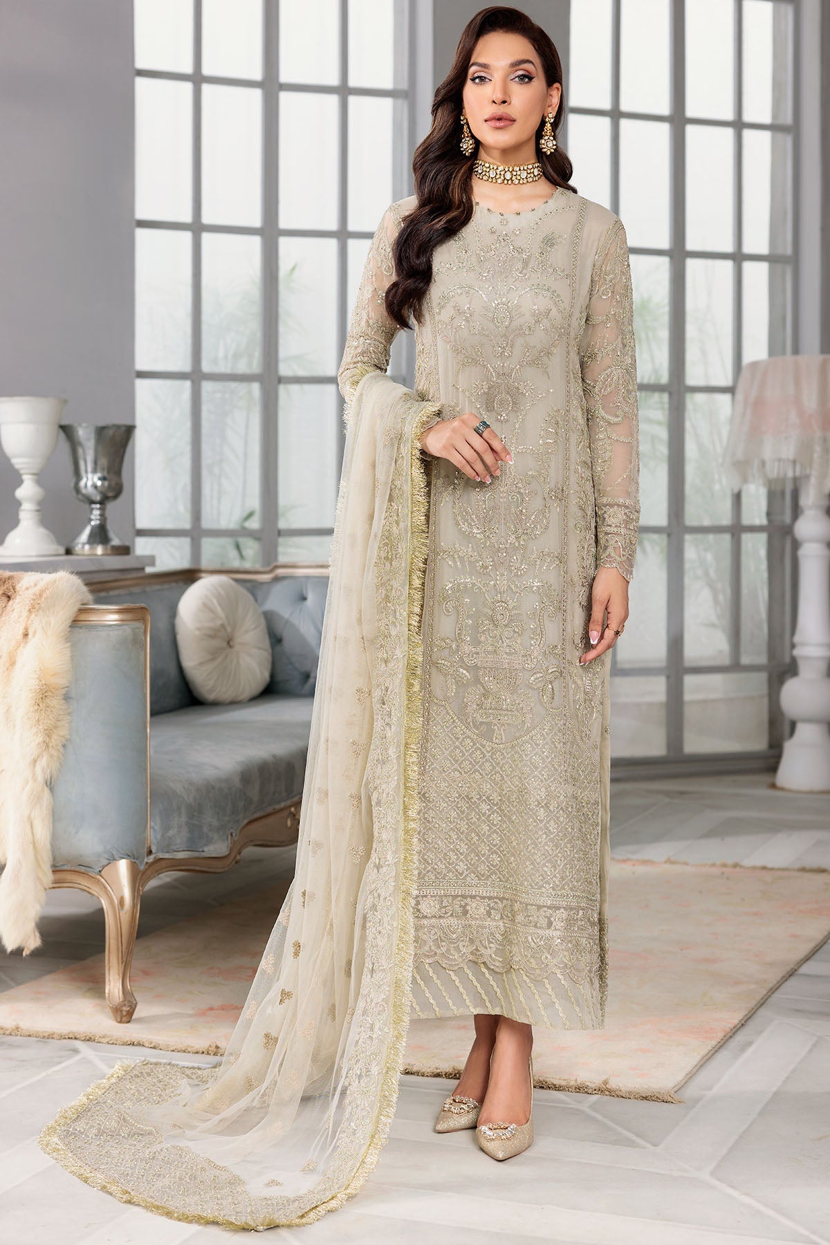 3400-ROSE-SHELL EMBROIDERED BEMBERG CHIFFON UNSTITCHED