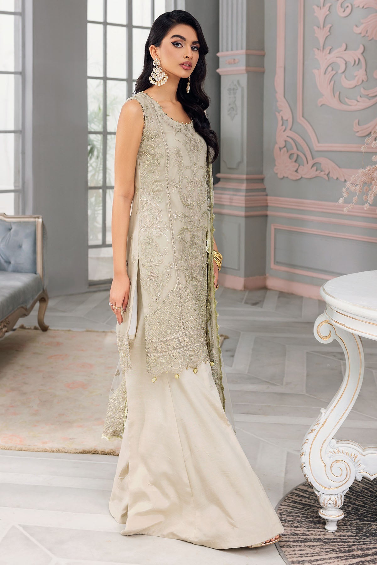 3400-ROSE-SHELL EMBROIDERED BEMBERG CHIFFON UNSTITCHED