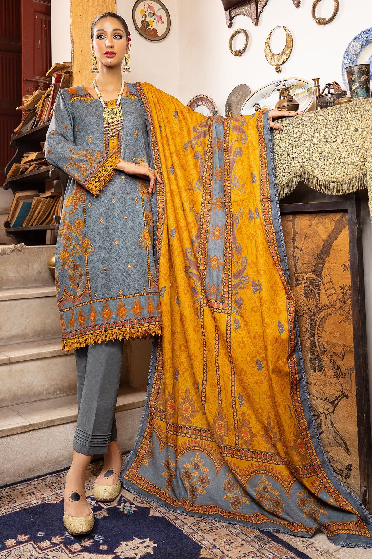 3496-PRINT-A EMBROIDERED KHADDAR UNSTITCHED