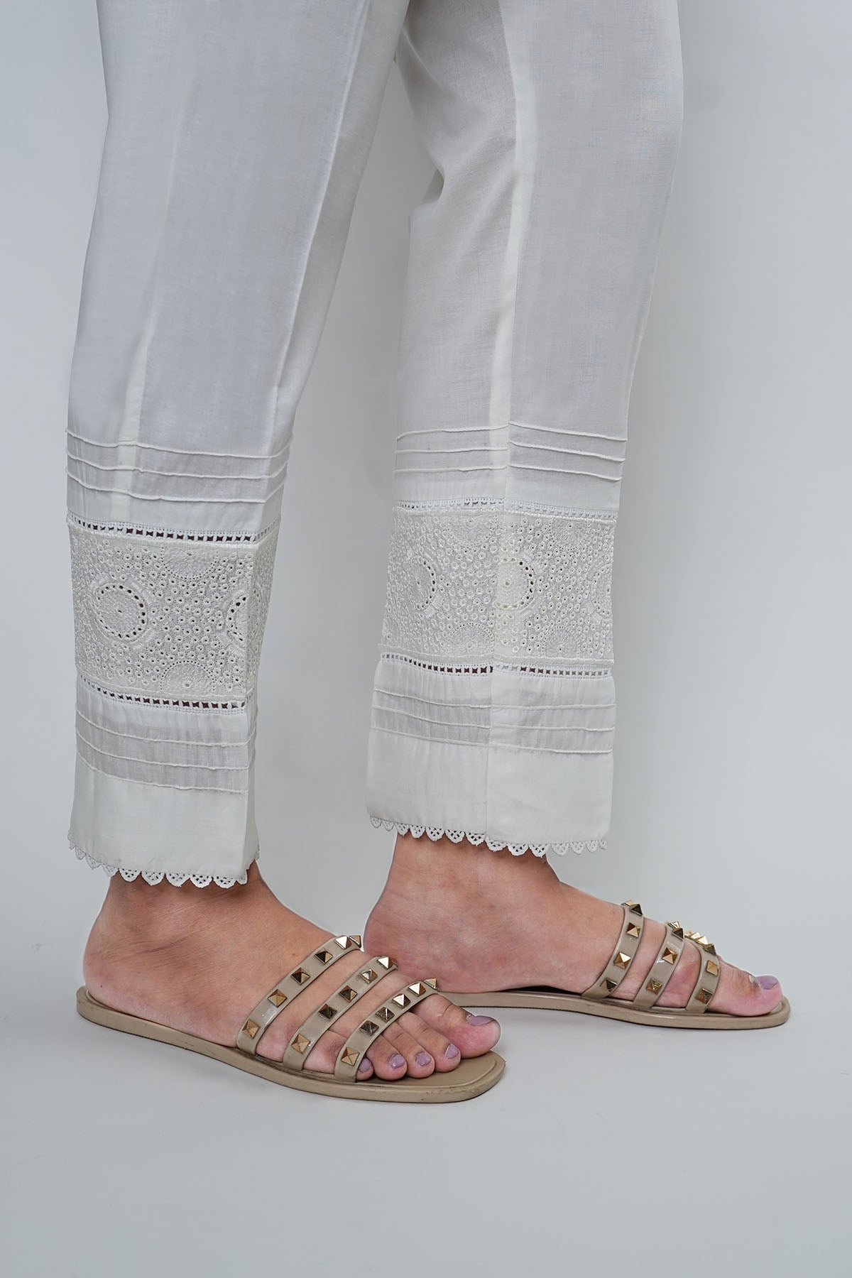 3668-WHITE EMBROIDERED COTTON TROUSER STITCHED