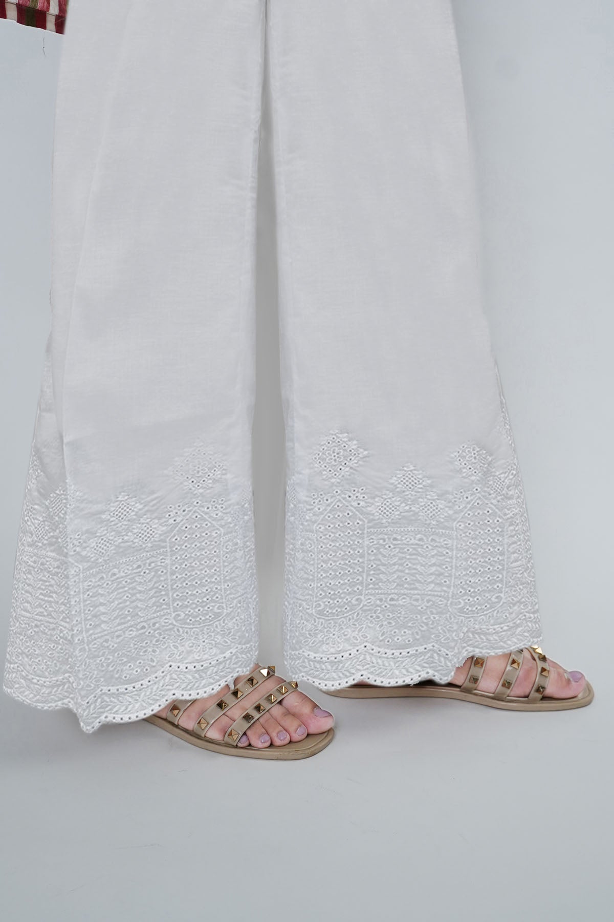 3679-WHITE EMBROIDERED TROUSER STITCHED