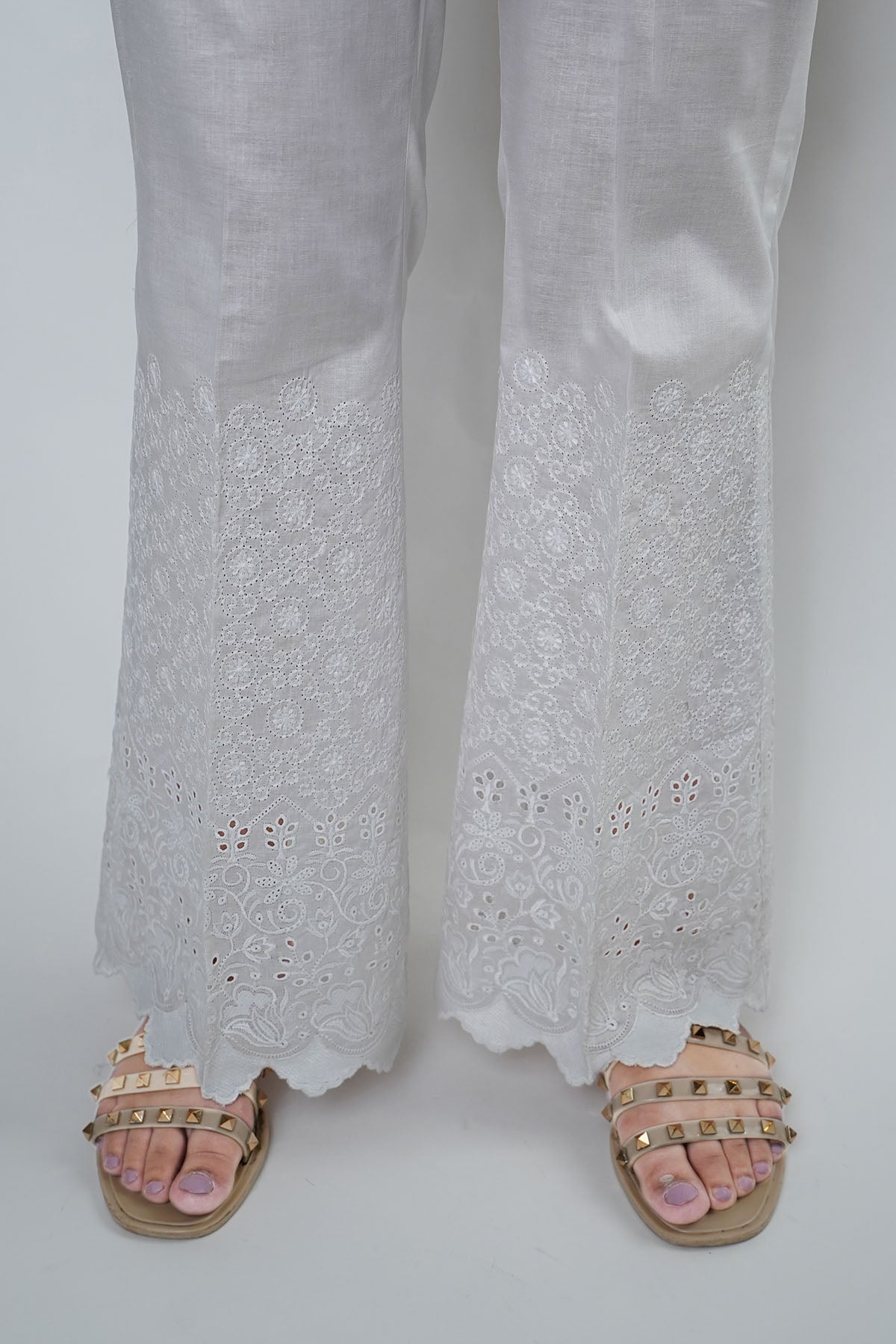 3684-WHITE EMBROIDERED TROUSER STITCHED