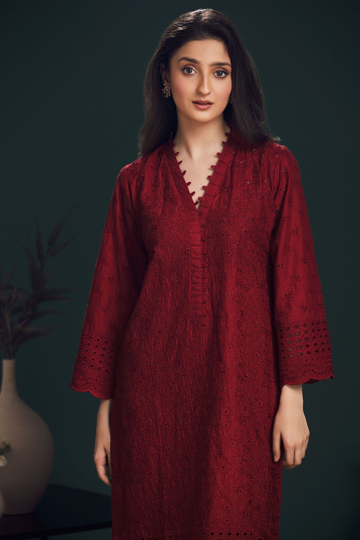 3990-RED SCHIFFLI EMBROIDERED LAWN STITCHED