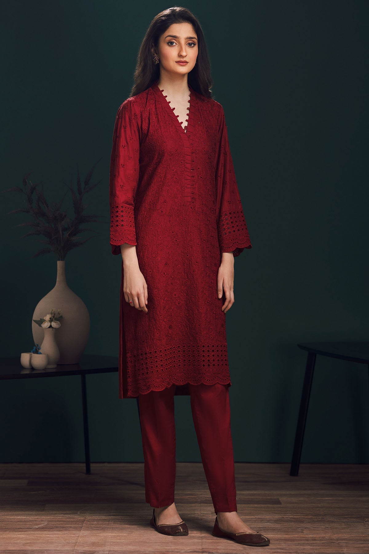 3990-RED SCHIFFLI EMBROIDERED LAWN STITCHED
