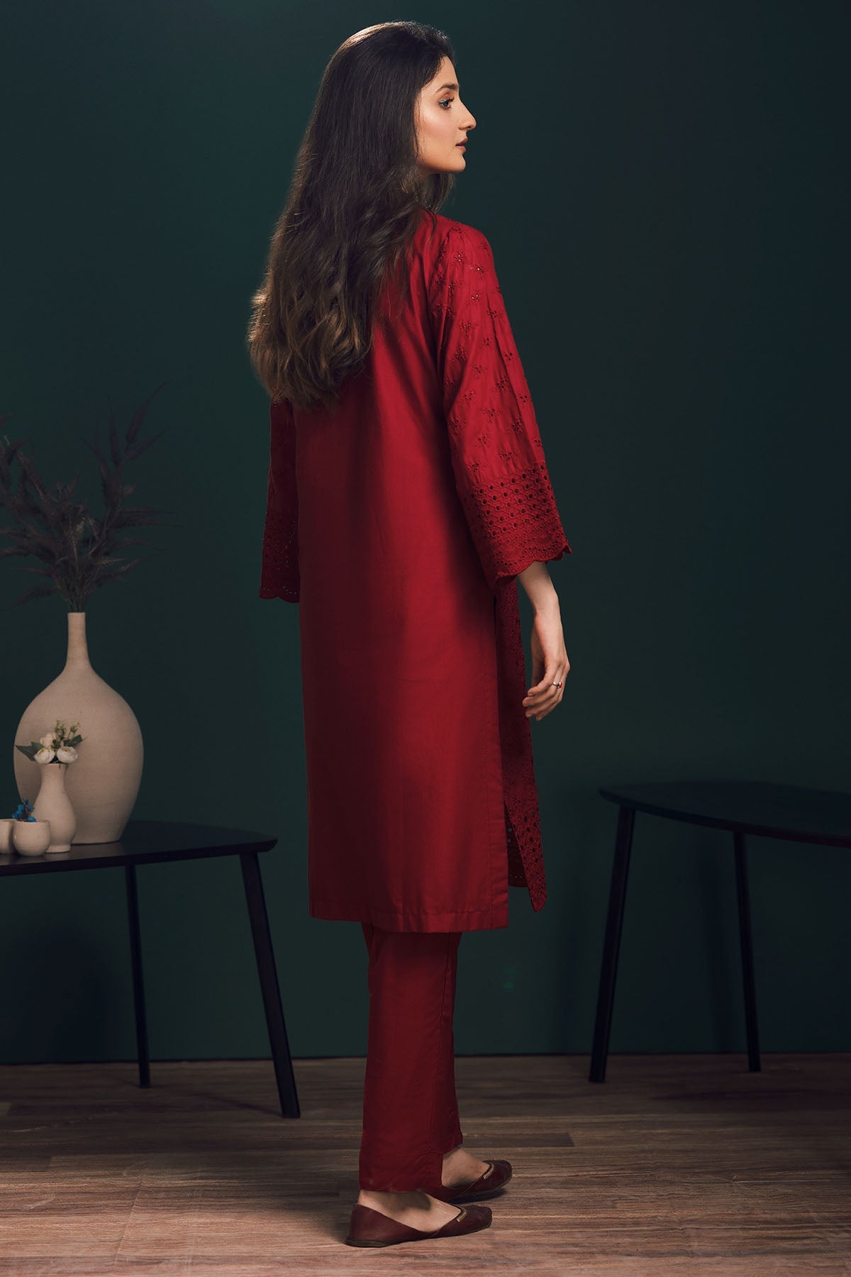 3990-RED SCHIFFLI EMBROIDERED LAWN STITCHED