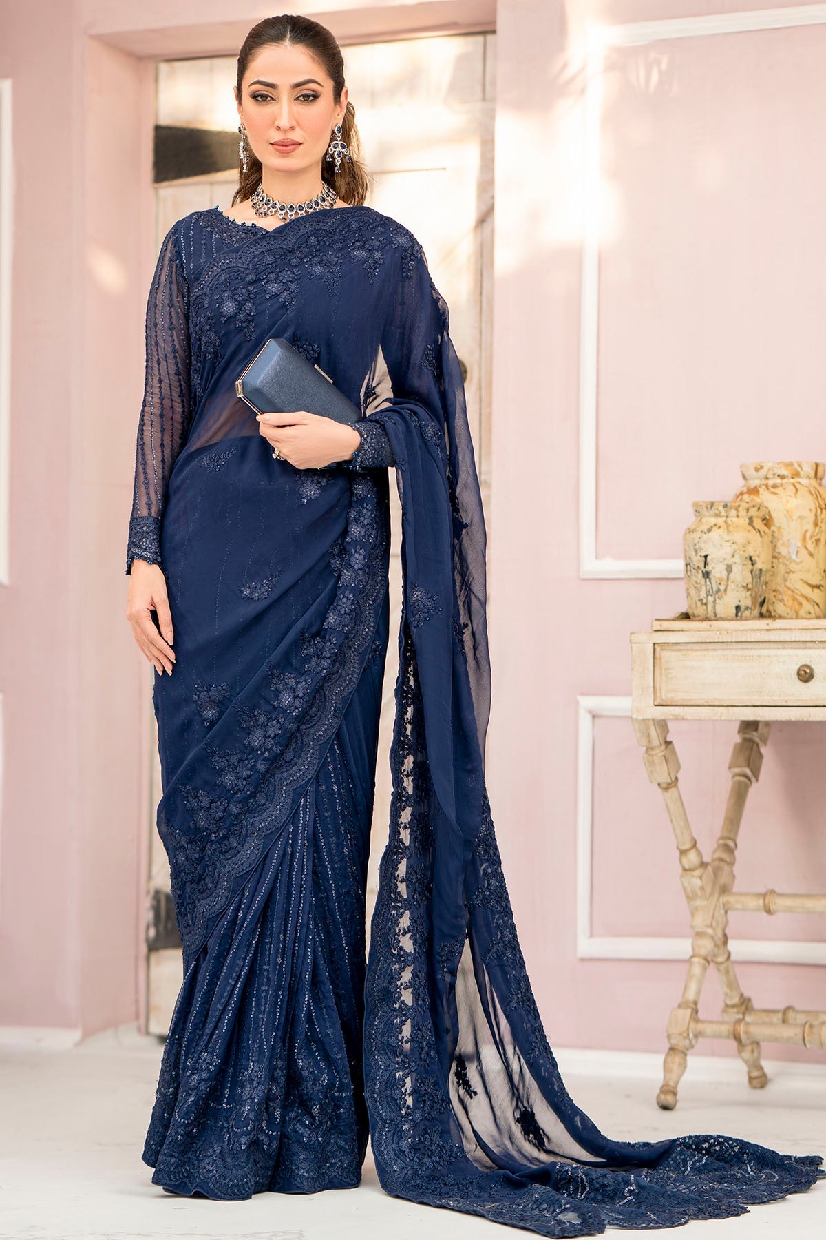 4120-CASPARA EMBROIDERED BEMBERG CHIFFON STITCHED