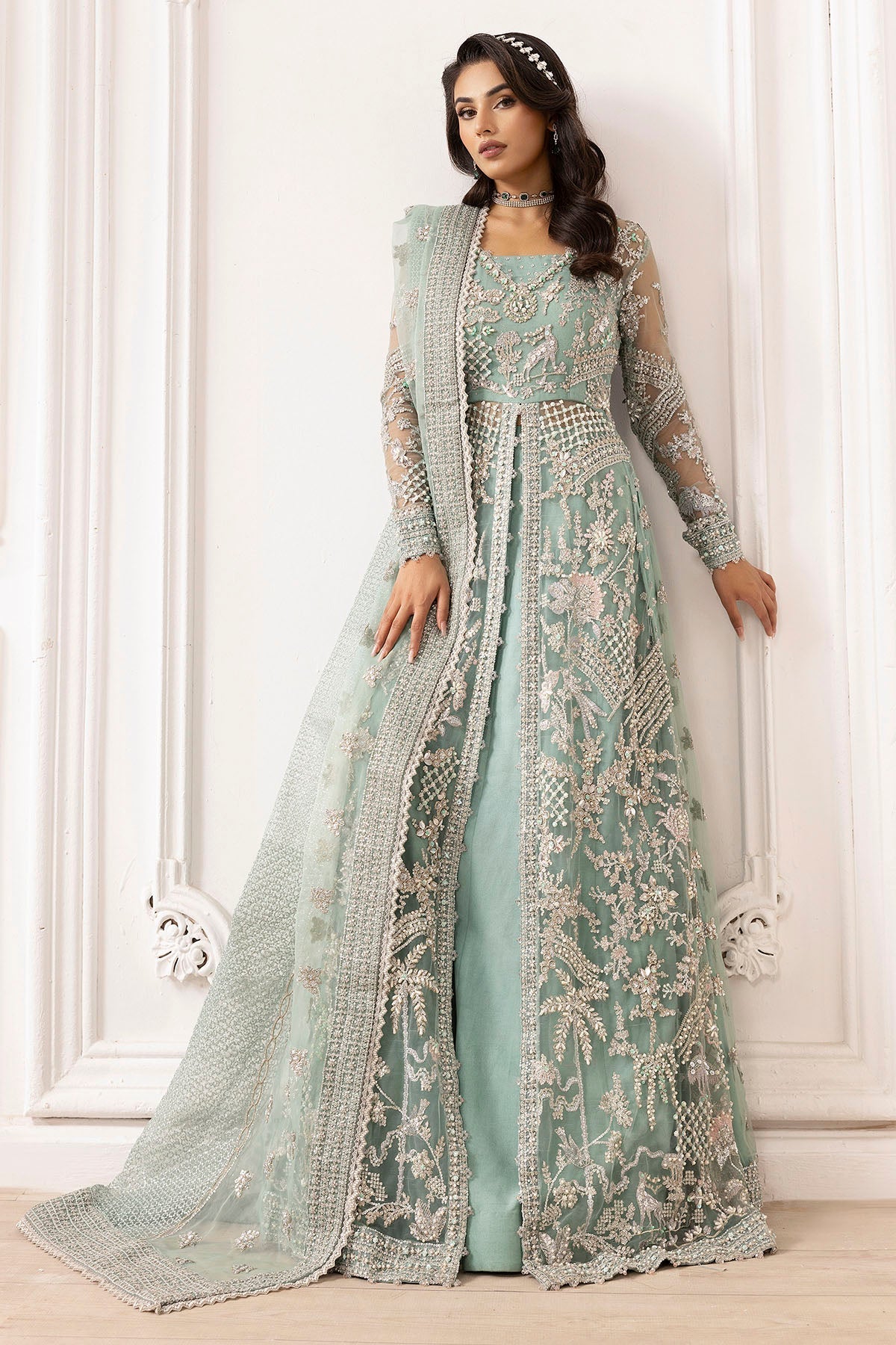 4932-AROOSH EMBROIDERED SILK NET STITCHED