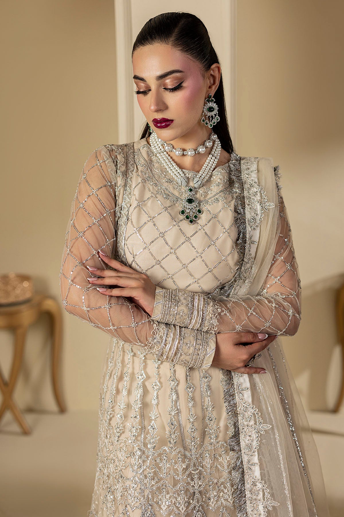 5131-DOVE EMBROIDERED SILK NET STITCHED