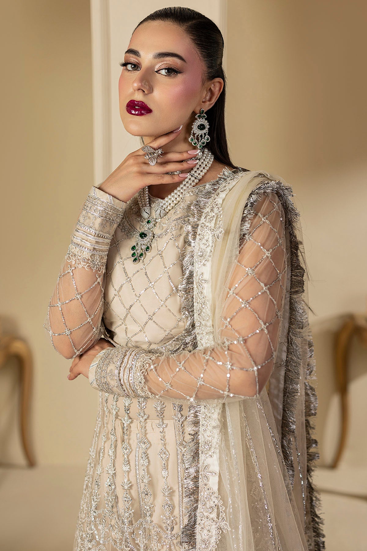 5131-DOVE EMBROIDERED SILK NET STITCHED