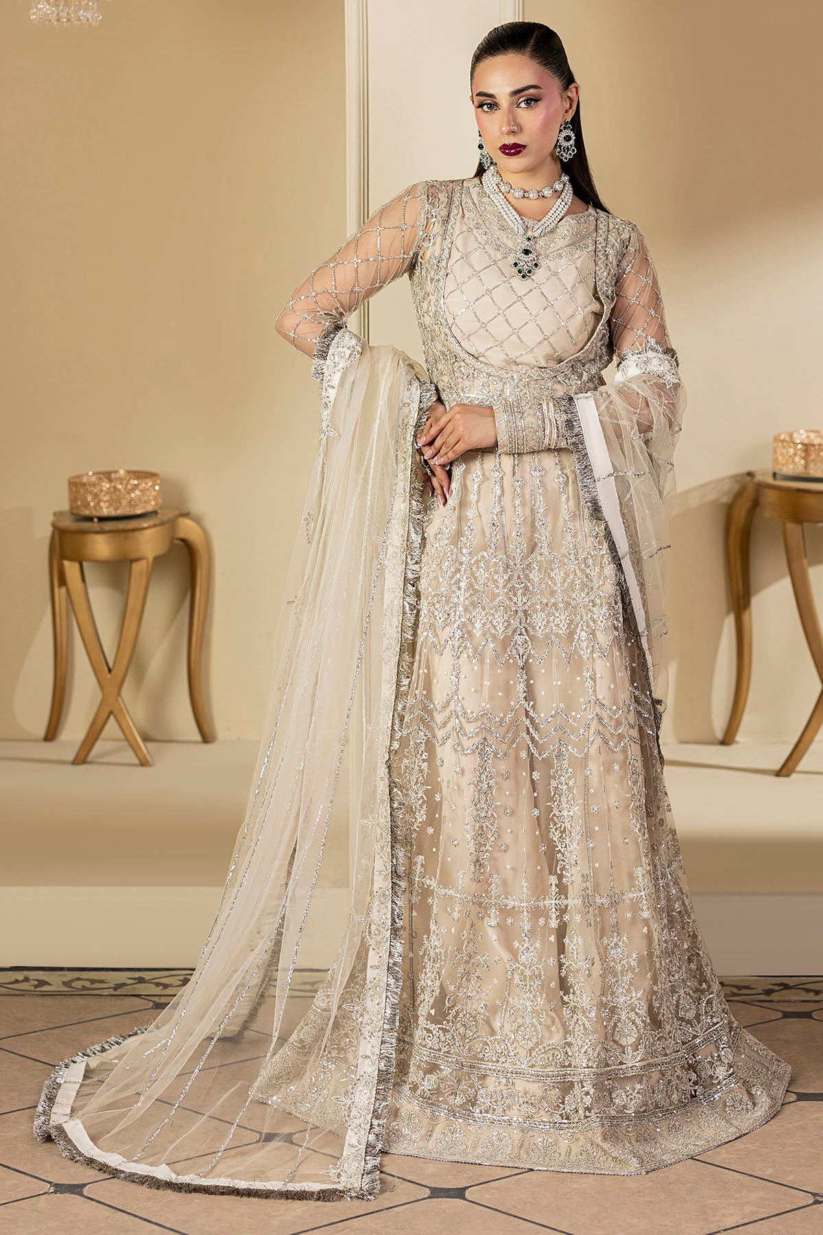 5131-DOVE EMBROIDERED SILK NET STITCHED
