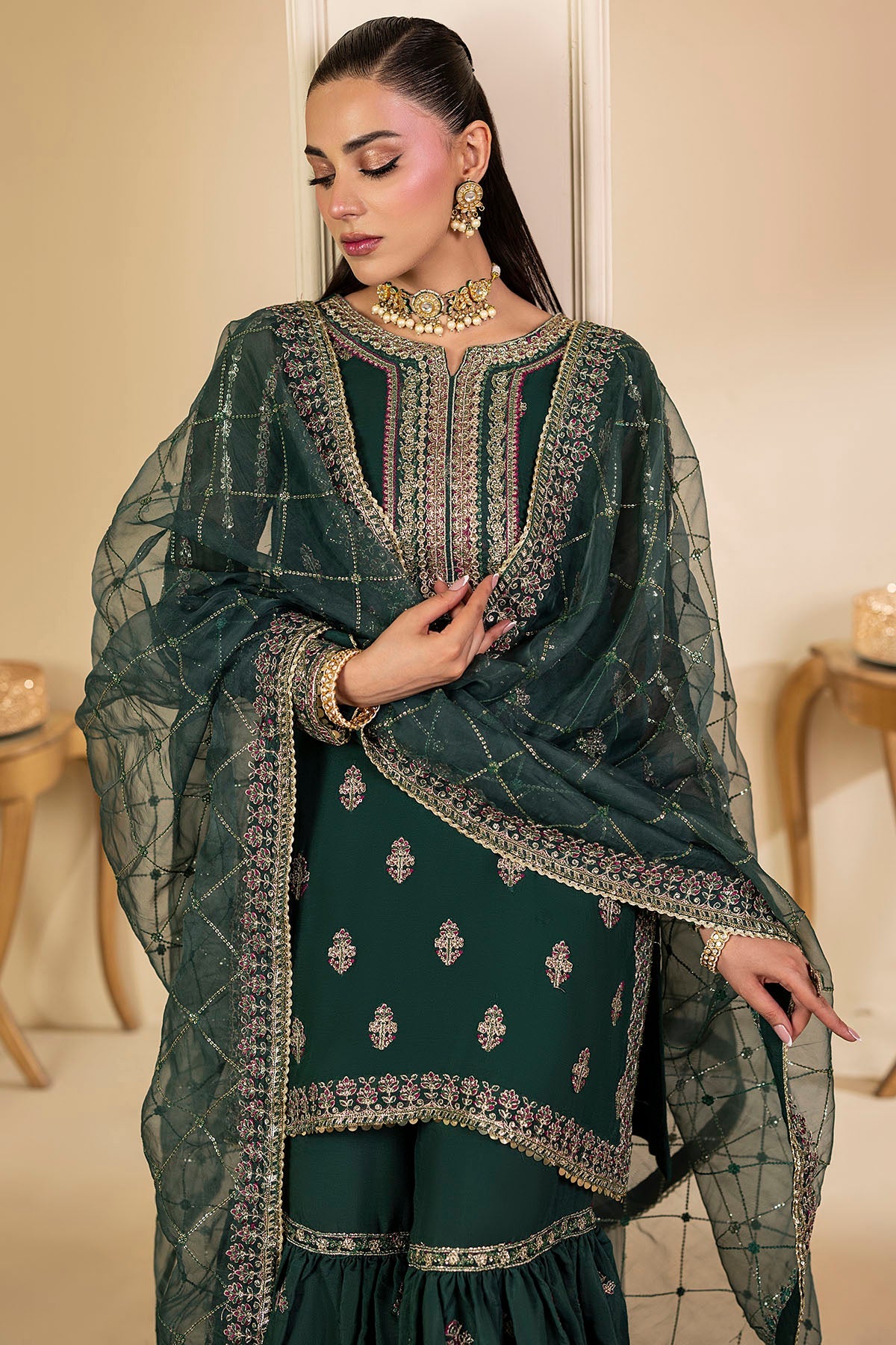 5135-JADE EMBROIDERED CRINKLE CHIFFON STITCHED