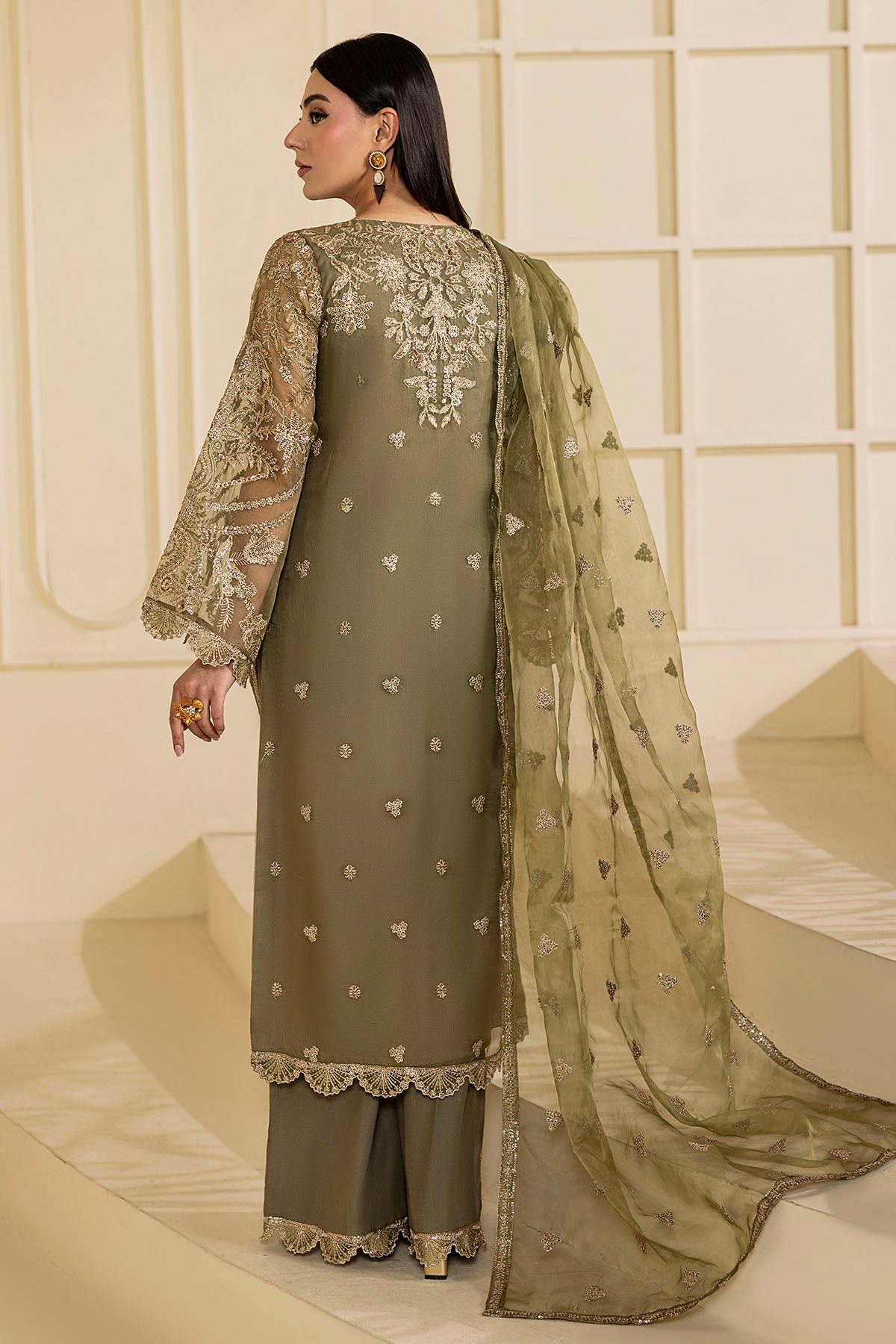 5137-GREEN EMBROIDERED ORGANZA STITCHED