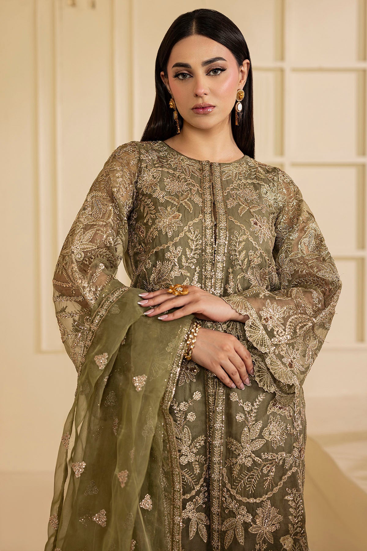 5137-GREEN EMBROIDERED ORGANZA STITCHED