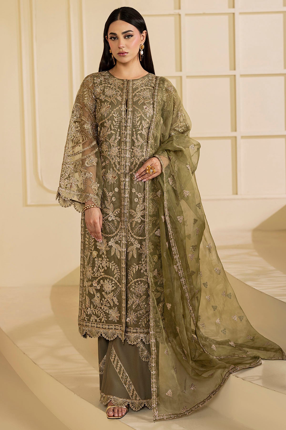 5137-GREEN EMBROIDERED ORGANZA STITCHED