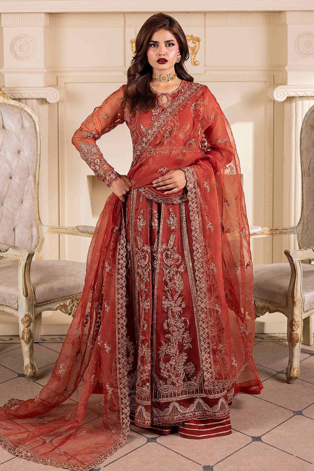 5139-BROWN EMBROIDERED ORGANZA STITCHED
