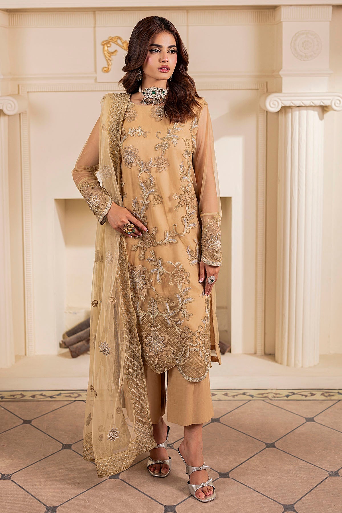 5334-AYLA EMBROIDERED SILK NET STITCHED